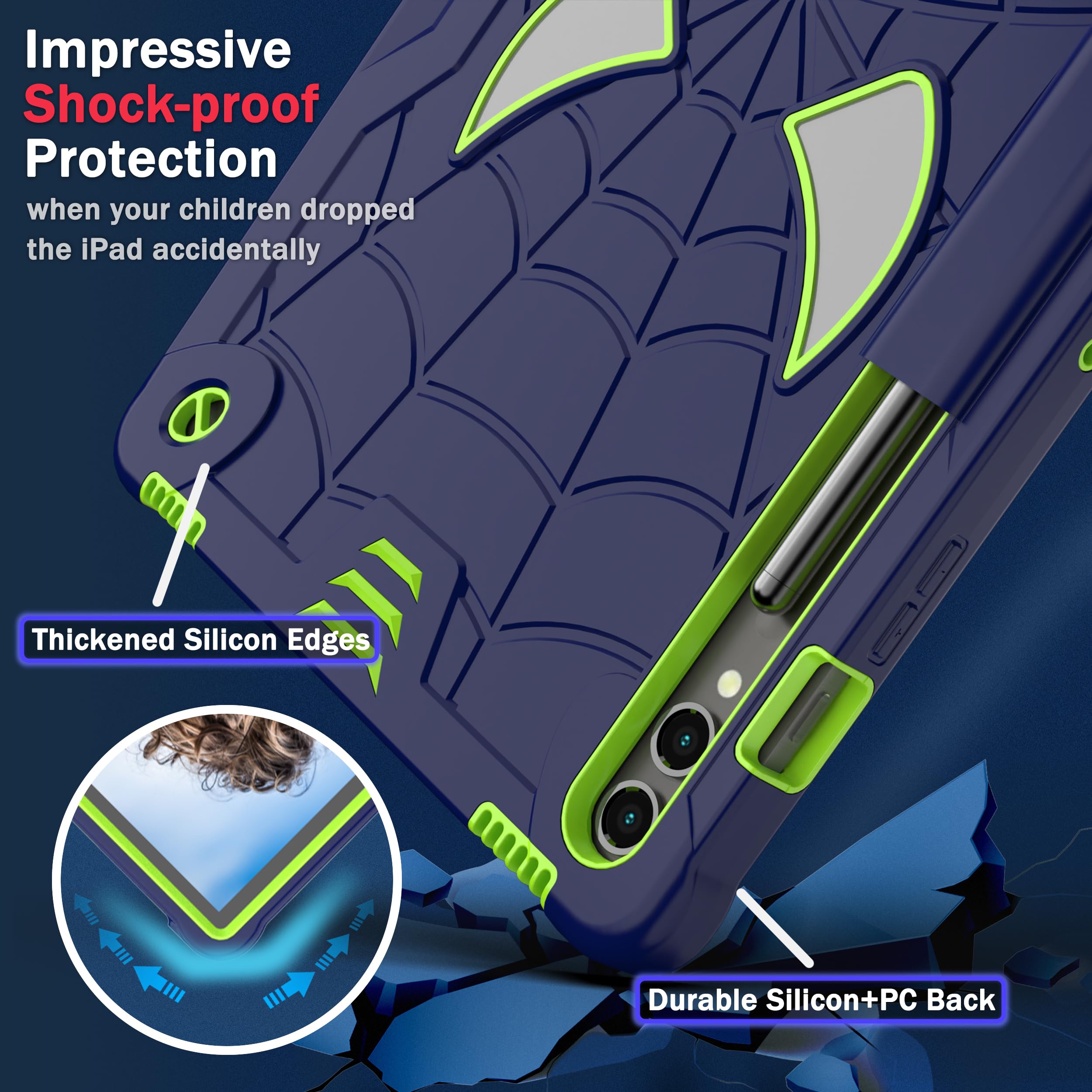Etui dziecięce kompatybilne z Samsung Galaxy Tab S9+ 31.5 cm/Tab S9 FE+ 2023 31.5 cm, odporne na wstrząsy, pokrowiec dziecięcy, wbudowany pasek na ramię i stojak, ukryty, niebieskie +