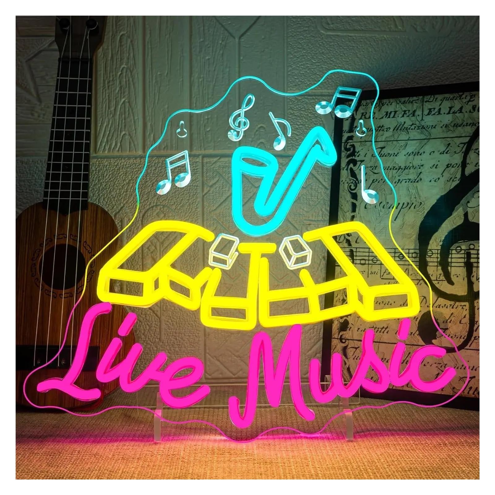 XENITE Luci al Neon Da Parete Insegna Al Neon Live Music Jazz LED Light Dimmerabile Per Studio Musicale, Bar, Club, Feste, Camera Da Letto, Decorazione Per Sassofono, 41.5cmx36.8cm