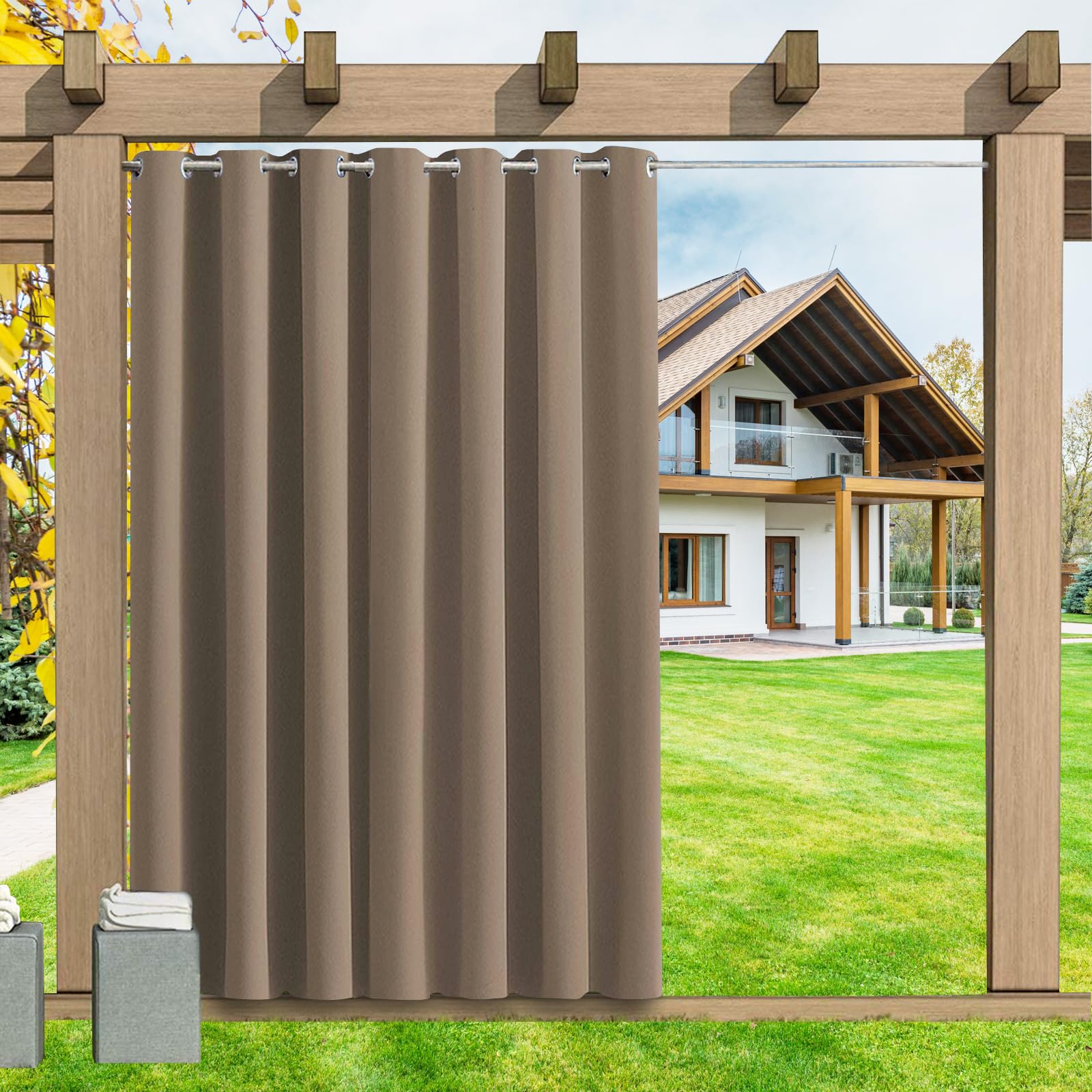 LSDINDF Outdoor Curtains Waterproof 1 Panel, Blackout Thermal Insulated Privacy Curtains with Grommet Top for Pergola, Porch, Gazebo, Patio & Pool - W 52" x L 84"