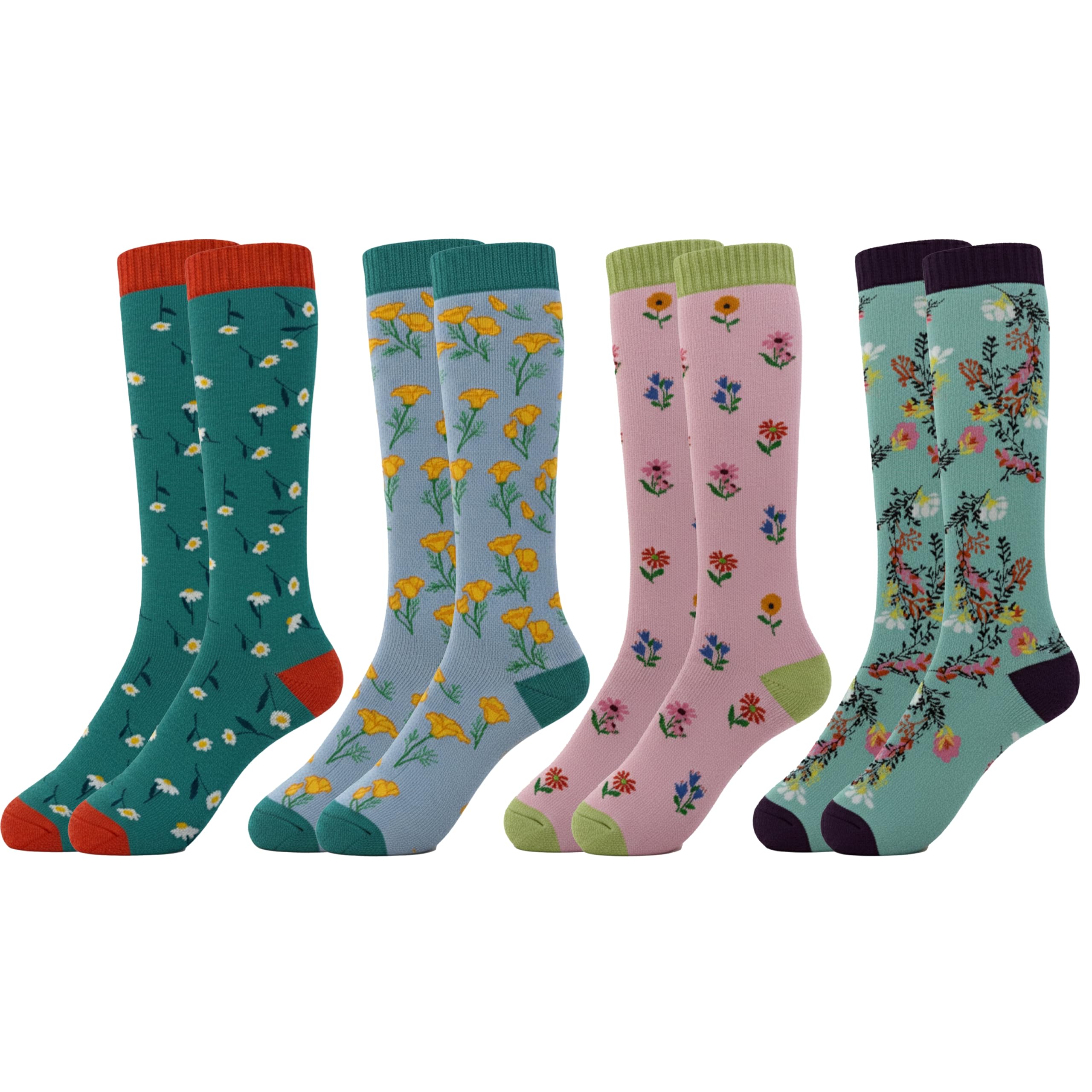 Sock Stack Women’s Wellington Socks 4 Pack Long Welly Socks Outdoor Warm Durable & Soft Fit UK Size 4‑8, Flowers