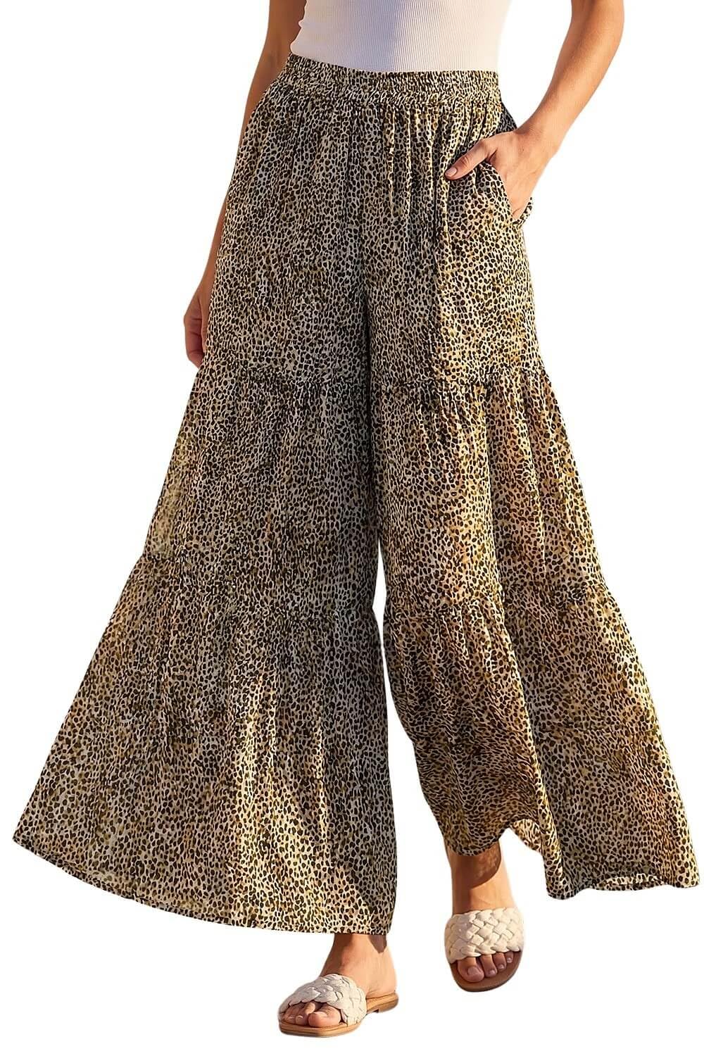 Roman Women's Brown Animal Print Tiered Palazzo Trouser Large
