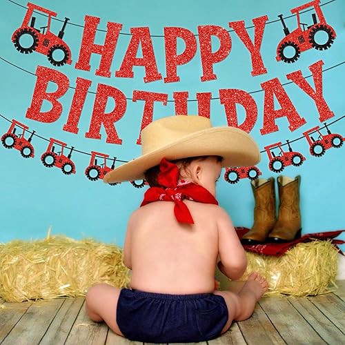 Miniatura 4 de Decoración de fiesta temática de tractor, decoración de fiesta de cumpleaños de tractor rojo de granja, guirnalda de tractor con purpurina roja para