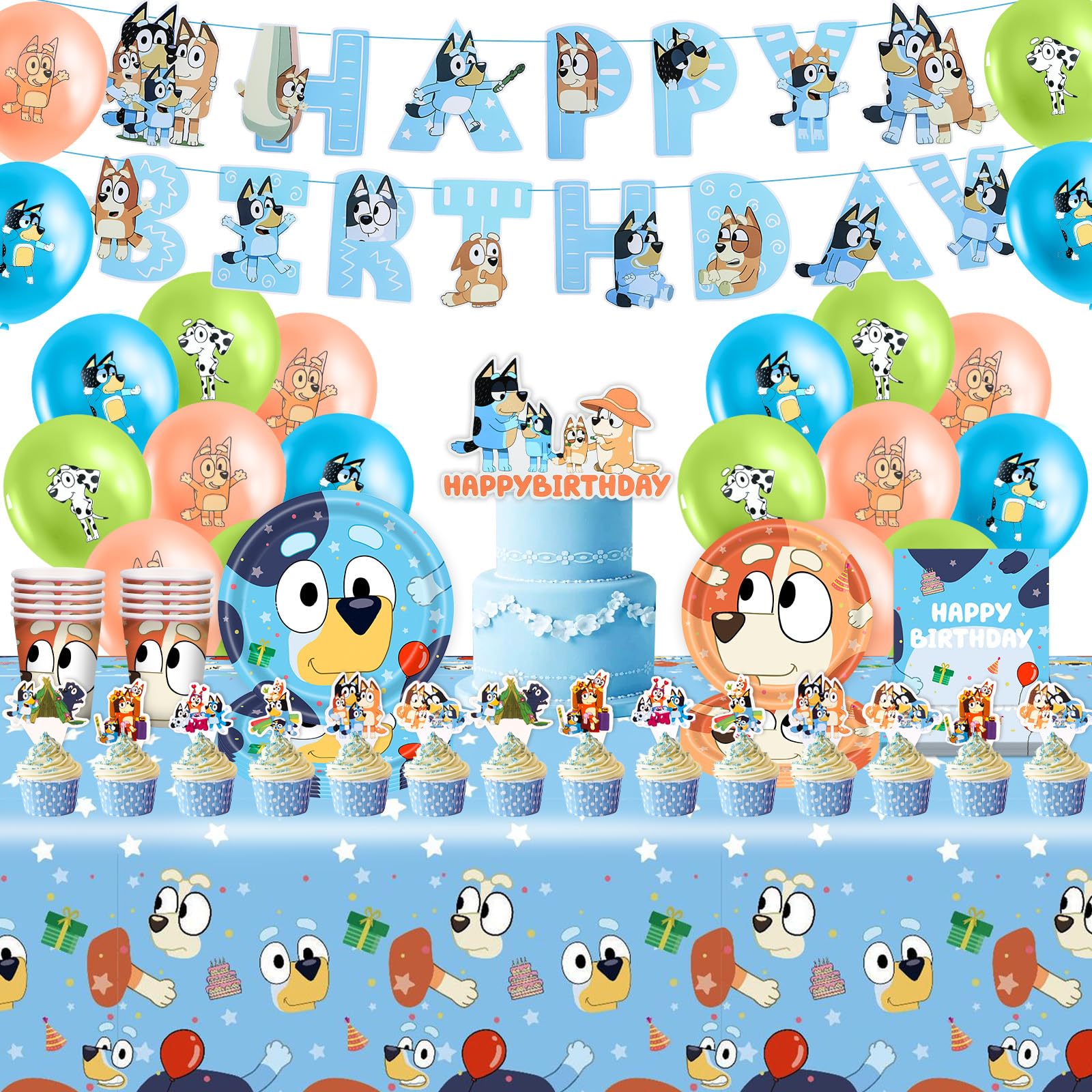 Decoración Cumpleaños, 83 Piezas Bluey Cumpleaños Vajilla de Fiestas, Decoración de Fiesta Incluye Pancarta, Decoración para Tartas, Globos, Platos, Servilletas,Vaso de Papel, Manteles