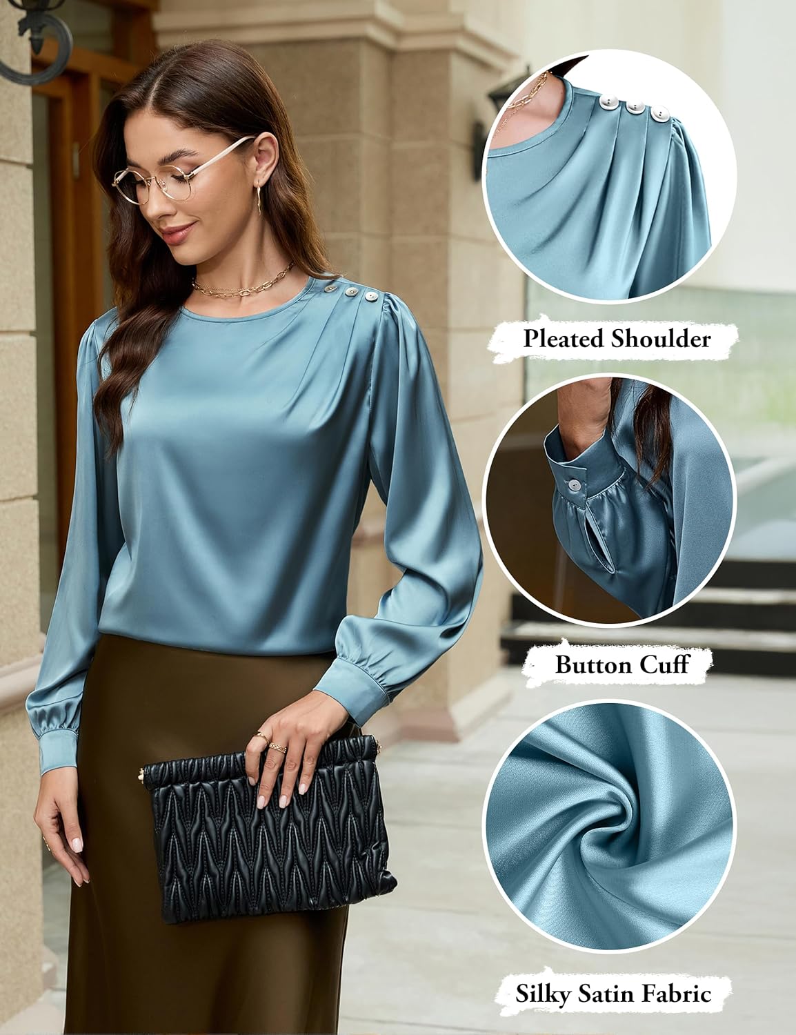 Blooming Jelly Women's Business Casual Tops Dressy Blouses Satin Silk Long Sleeve Shirts 2025 Pleated Fall Outfits - Image 4