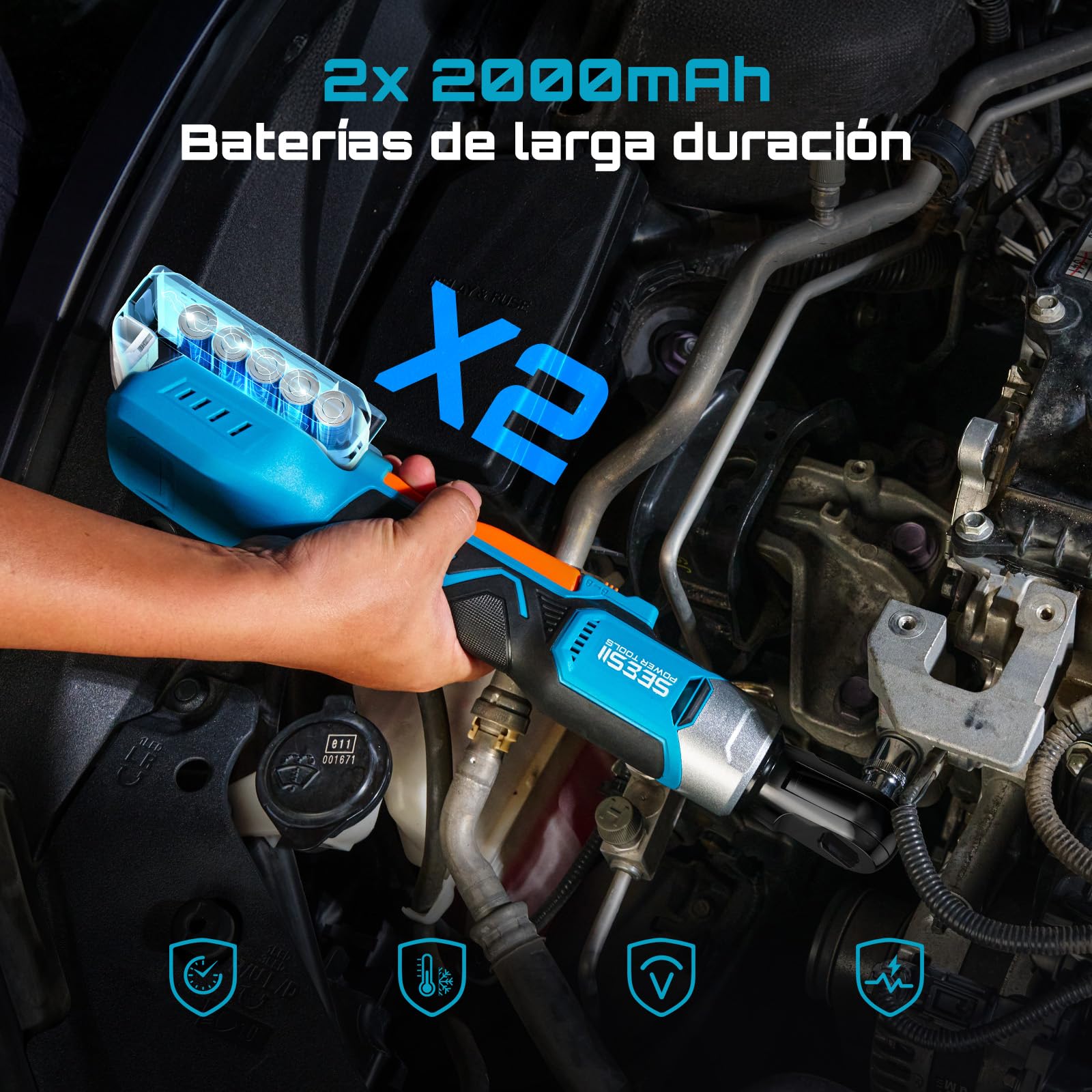 Seesii 3/8" Llave de carraca eléctrica, 80N·m llave de trinquete con baterías 2x2,0 Ah, 300 rpm Llave de carraca a batería con vasos de 10 a 17 mm, más adaptadores de 1/4" y 1/2" alargador de 3"