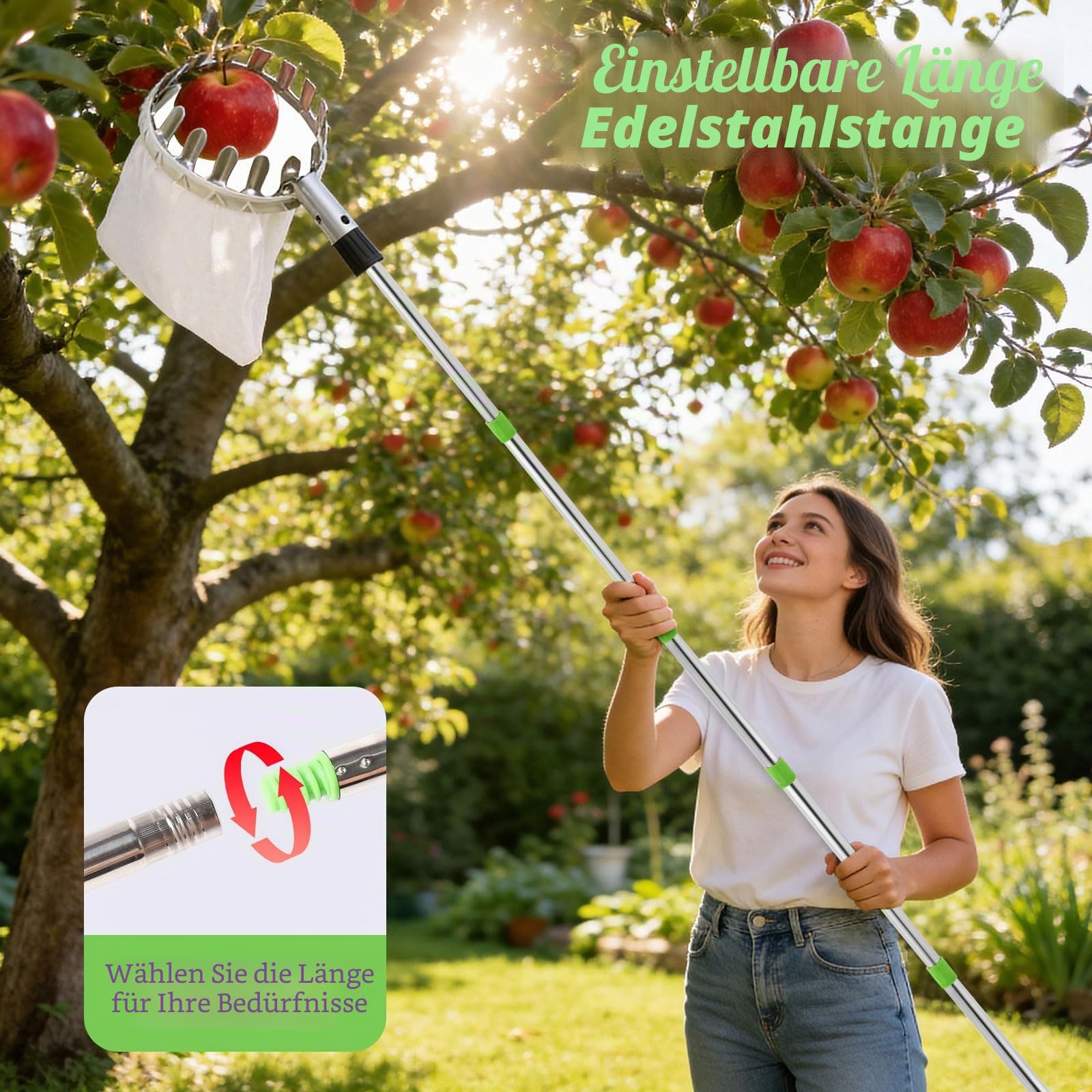 4.2M Obstpflücker mit Teleskopstiel, 10 Abschnitte Apfelpflücker mit Stoffbeutelhalter und Schnur-Aufbewahrungstasche, Zum Pflücken von Früchten aus hohen Bäumen