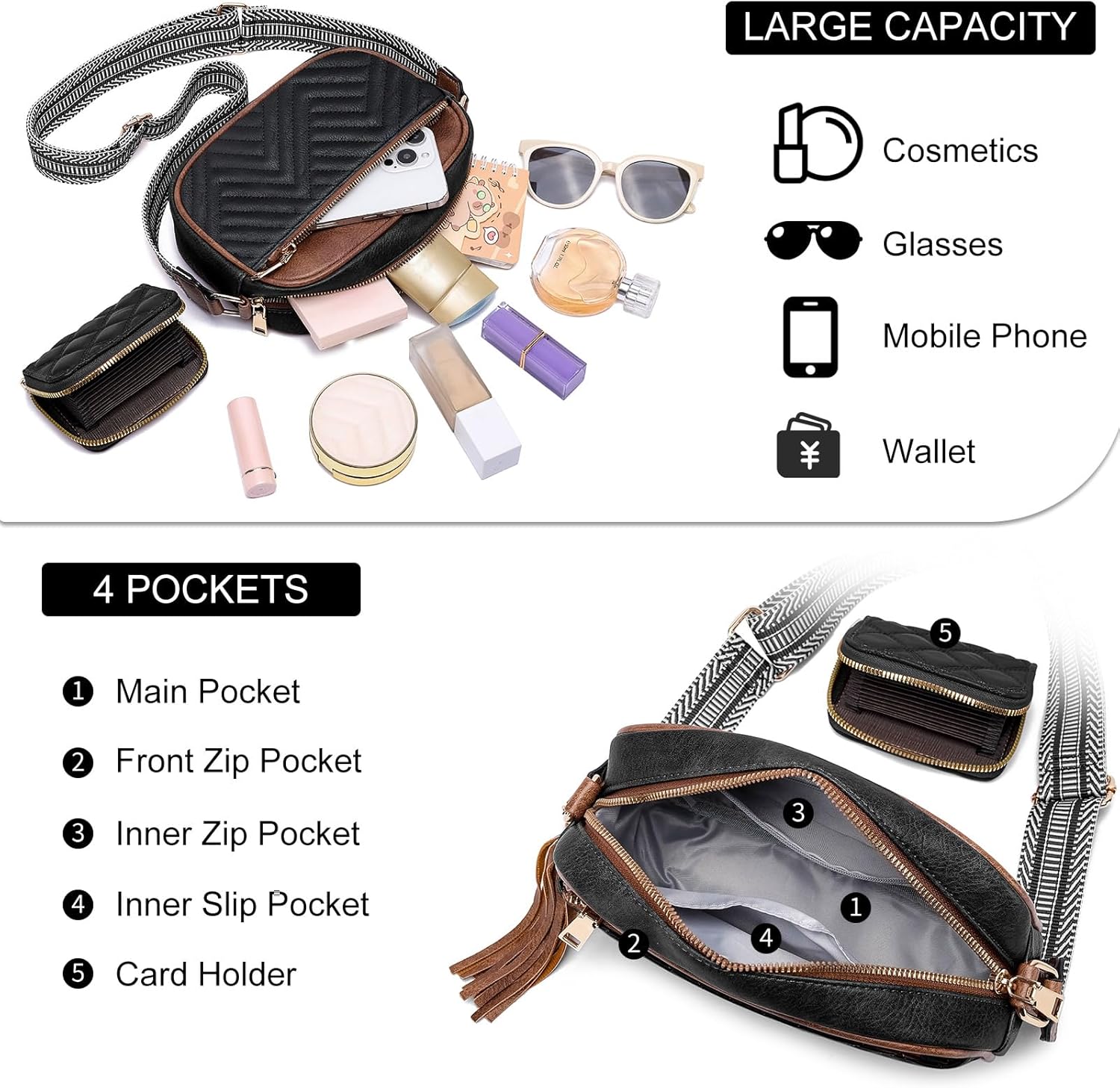 Crossbody Bags for Women Shoulder Handbags: Quilted Wallet Set Vegan Leather Purses with Tassel Adjustable Guitar Wide Strap - Image 3