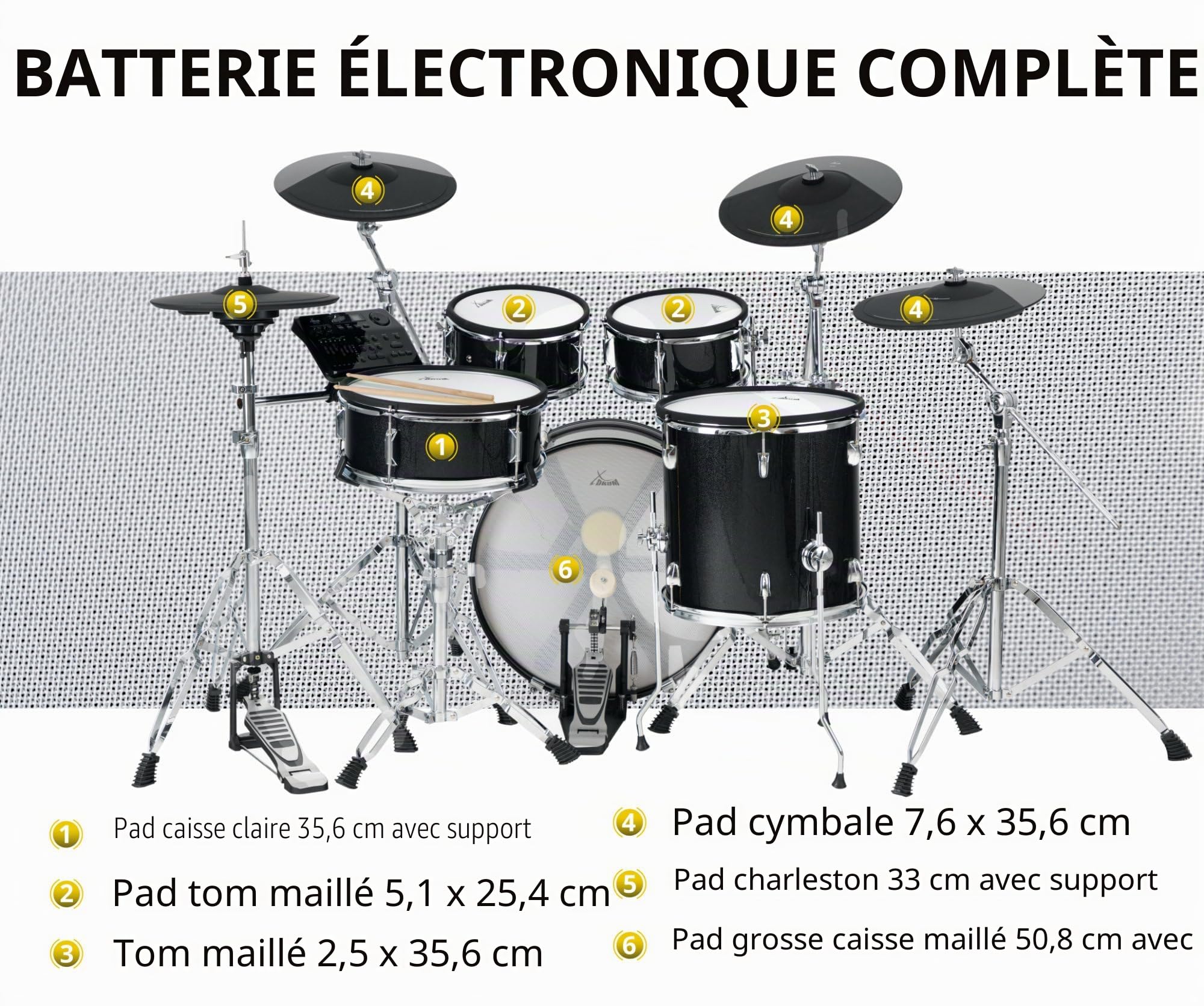 XDrum DD-670 Mesh batterie électronique drum kit avec vrai HiHat et cuves - pad de caisse claire 14" et pad de grosse caisse 20" - 720 sons, 20 kits de présélection - matériel inclus - noir brillant