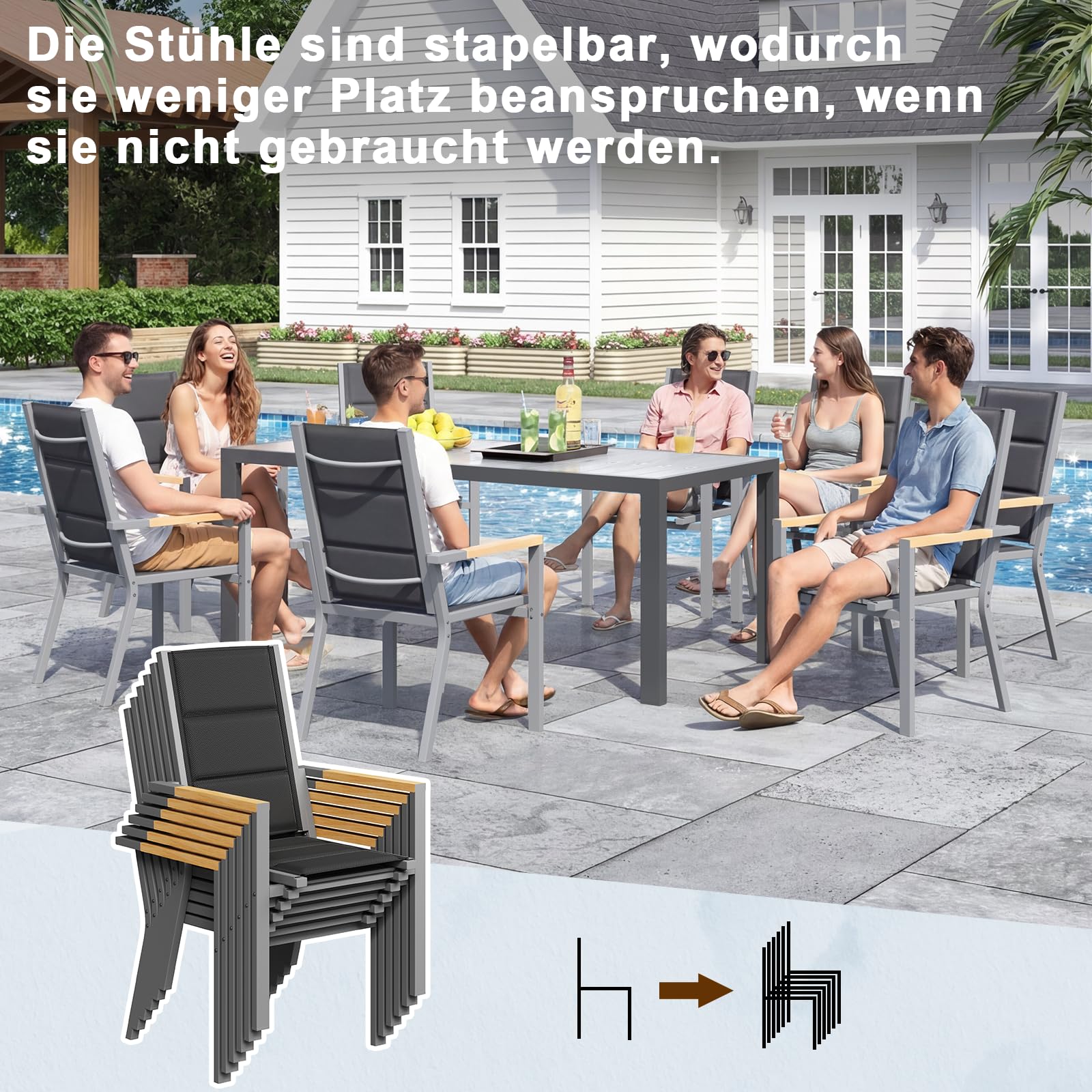 JUMMICO Gartenmöbel Set Terrassen Set Aluminium Gestell mit Holzoptik PS Tischplatte Komfortabler Hochlehner Einfach Montiert,8 Personen Set