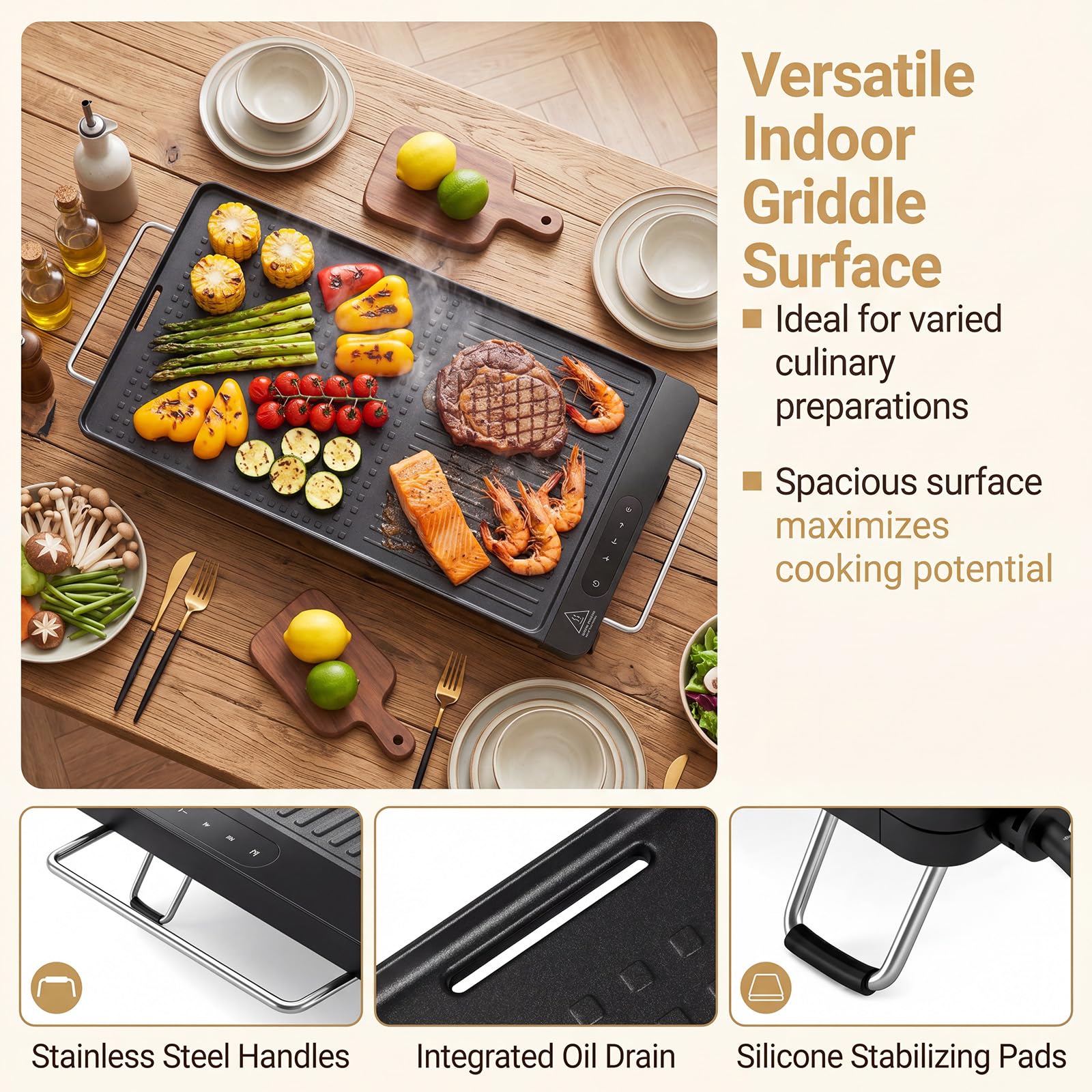 LIFEZEAL Plancha eléctrica fina 1300 W, parrilla eléctrica antiadherente con asas y pies plegables con superficie mixta, panel táctil LED y termostato ajustable, parrilla de mesa para picnic y camping