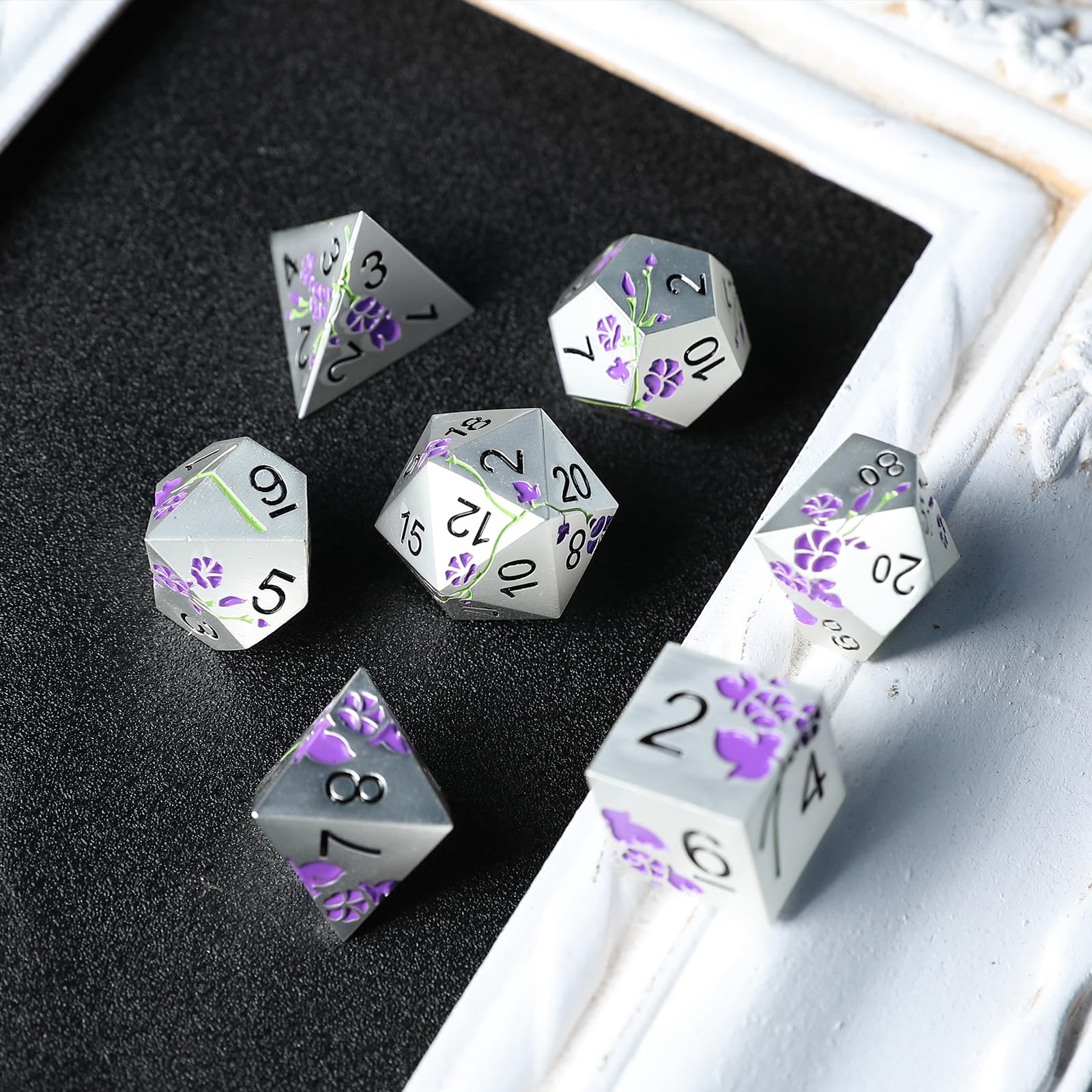 Elifel Metal DND Dice Set 7 PCS Flower Metallic Heavy Solid D&D Dice Set for Dungeons and Dragon TTRPG Tabletop Role Playing Game - Image 4