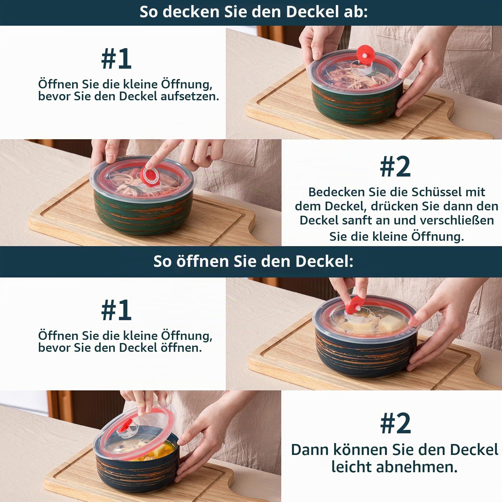 YUN TAO Müslischalen & Ramen Schüssel mit Deckel, 4-teilig Set, 680 ml Luftdichte Keramikbehälter, Mikrowellenfest, Vielzweckschalen für Suppe, Salat