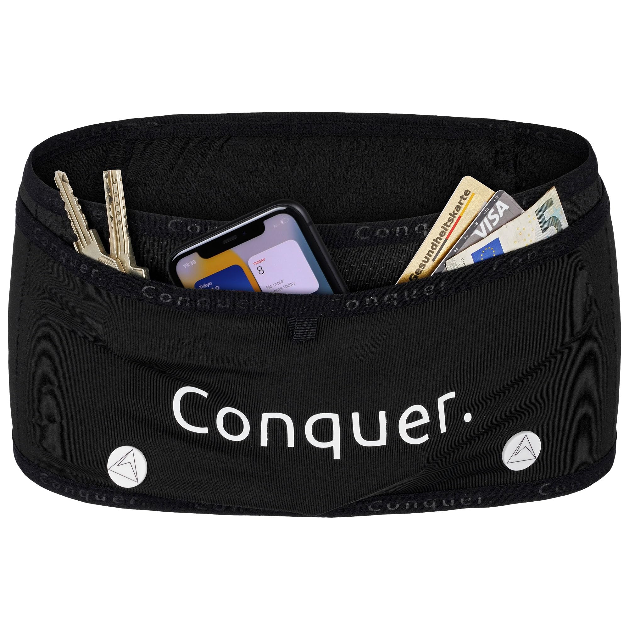 Conquer. Laufgürtel mit Handytasche zum joggen | eng anliegende Lauftasche Damen & Herren mit Handyhalterung, Fach mit Reißverschluss und für Trinkflasche | Trinkgürtel, Running Belt (Laufgürtel, S/M)