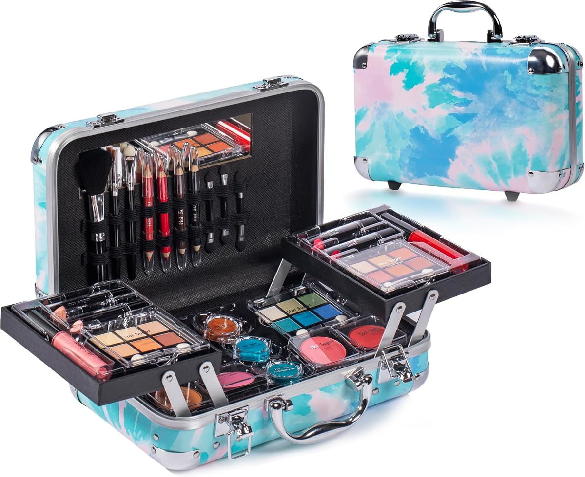 All-in-One Makeup Set for Adults and Girls (Blue Tie-Dye) | Full Makeup Kit for Beginners with eyeshadow, blush, lip gloss, lipstick, lip & eye pencils, brush and mirror.