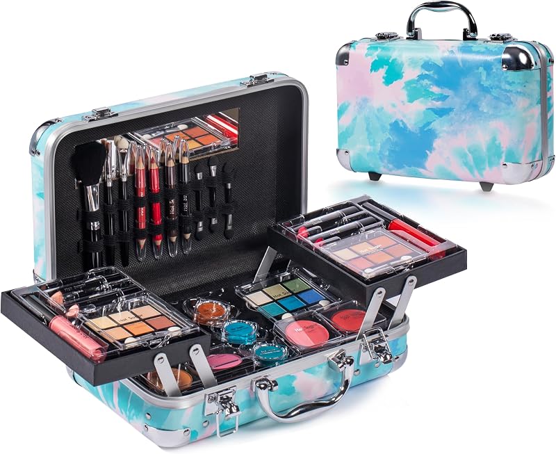 All-in-One Makeup Set for Adults and Girls (Blue Tie-Dye) | Full Makeup Kit for Beginners with eyeshadow, blush, lip gloss, lipstick, lip & eye pencils, brush and mirror.