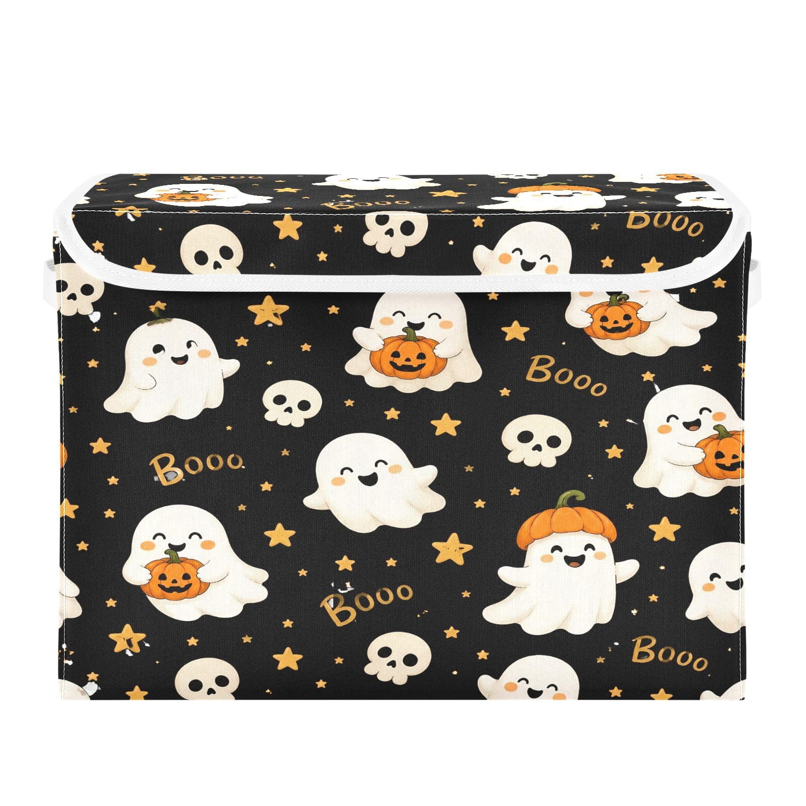Ewusp Halloween Boo Fabric Storage Bin with Lid, Decorative Foldable Storage Basket with Handles, Stackable Closet Shelf Organiser Box for Clothes, Books, Bedroom, Living Room