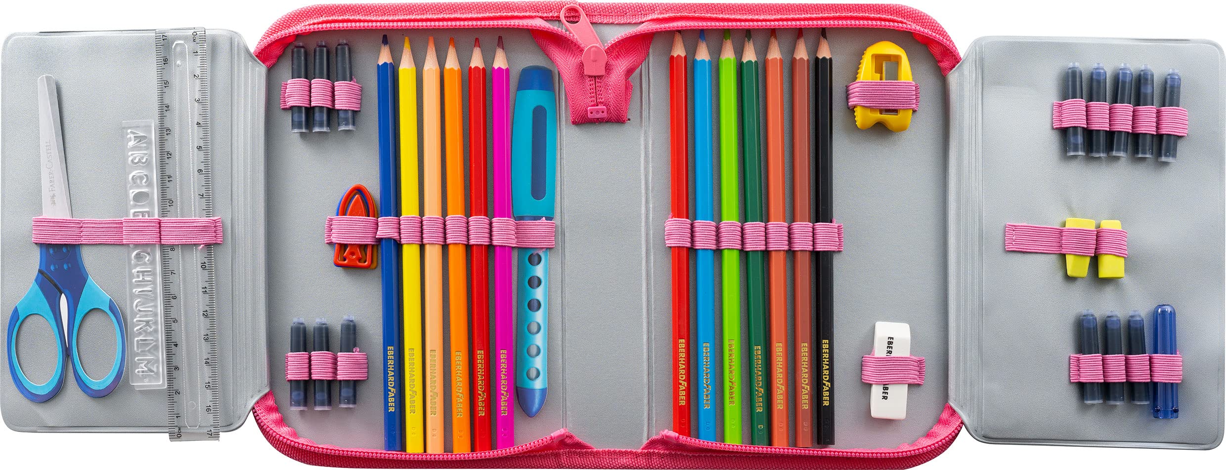 Eberhard Faber 577557 - Piórnik kot, wypełniony 42 przyborami do pisania, etui szkolne | Piórnik szkolny z klapkami, 40 przyborami do pisania i akcesoriami szkolnymi