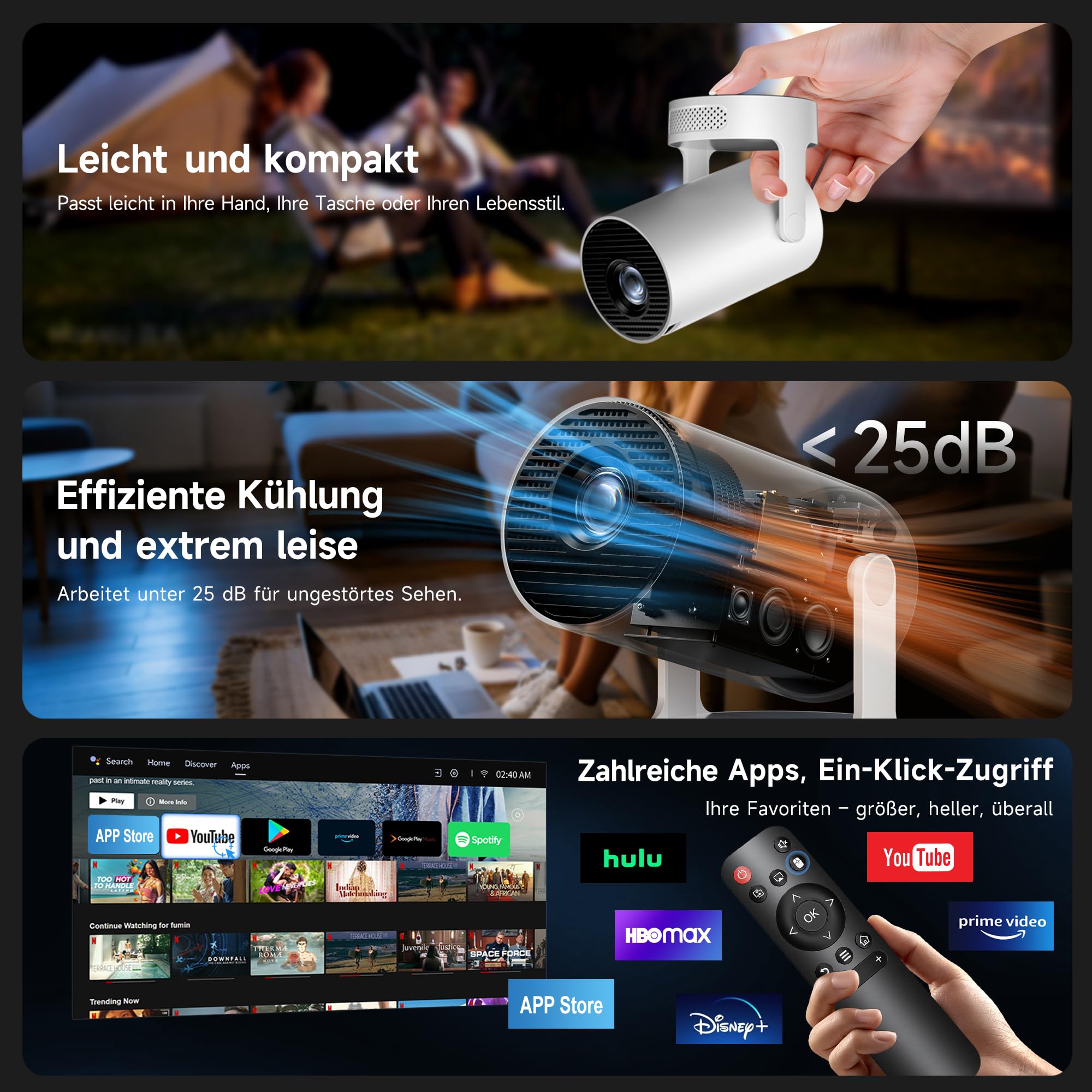 Mini Beamer, Philoent Smart Projektor 4K/1080P Unterstützt Neueste Apps WiFi 6 Bluetooth 5.4 Auto Screen Trapezkorrektur Niedriges Rauschen, Ultrakurzdistanzbeamer bietet großes Bild im kleinen Raum
