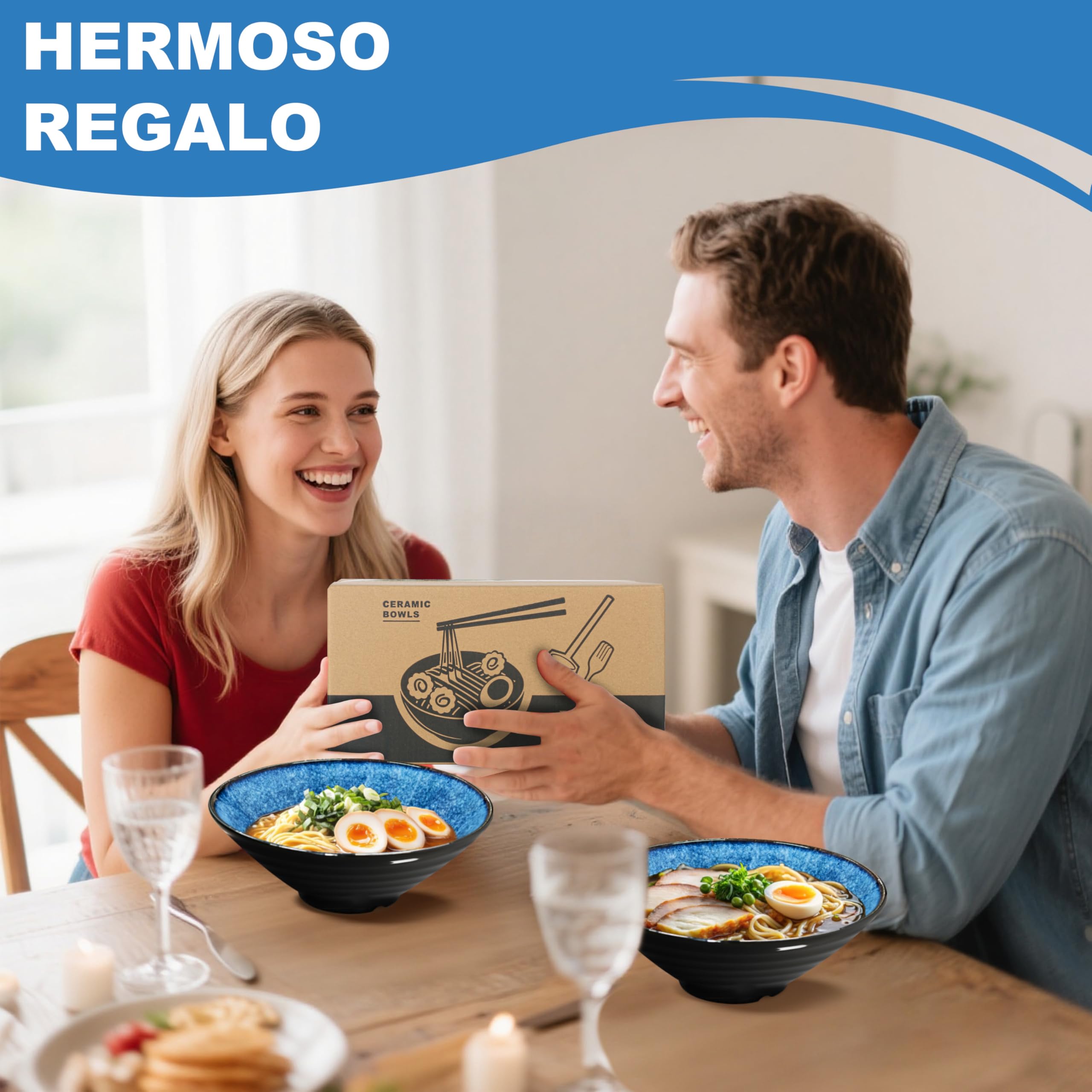 8 Pulgadas Juego De 2 Cuencos De Ramen De Cerámica (8 Piezas), Con Tenedor Palillos Chinos y Cuchara Cuenco Japonés para Sopa de Fideos Ensalada Ideal para Regalo Apto Lavavajillas y Microondas