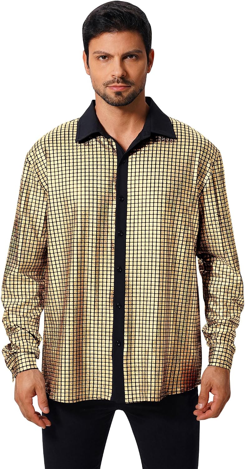 Mens Glitter Metallic Long Sleeve Button Down Shirt Sparkle Top for 70s 80s 90s Hippie Retro Disco Party Shirts