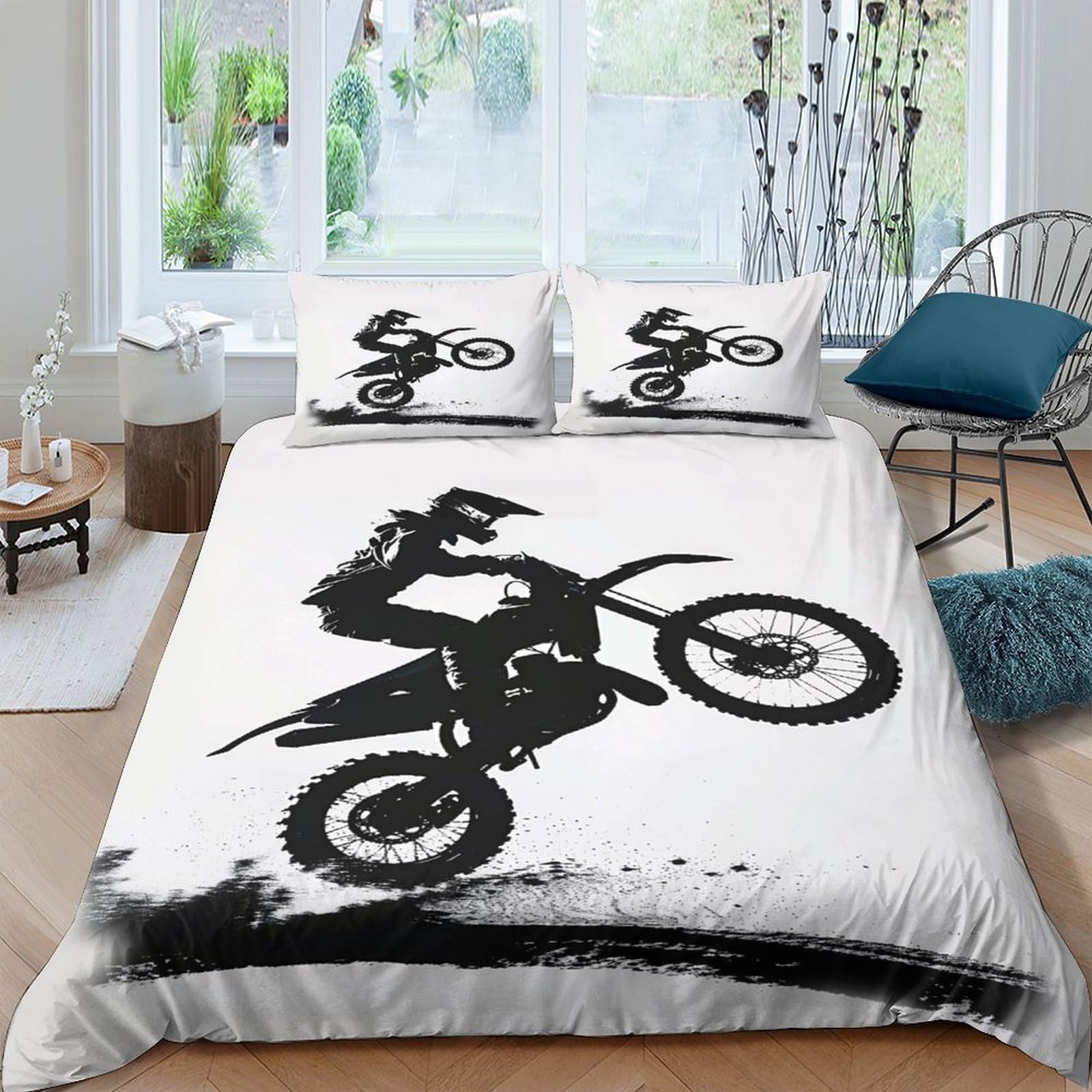 Ctjqhvkz Style-1 3D Printed Motocross Rider Fitted Sheet Microfiber Black White Motorcycle Bed Cover For Bedroom Dorm Protection Decor Single（135X200cm）