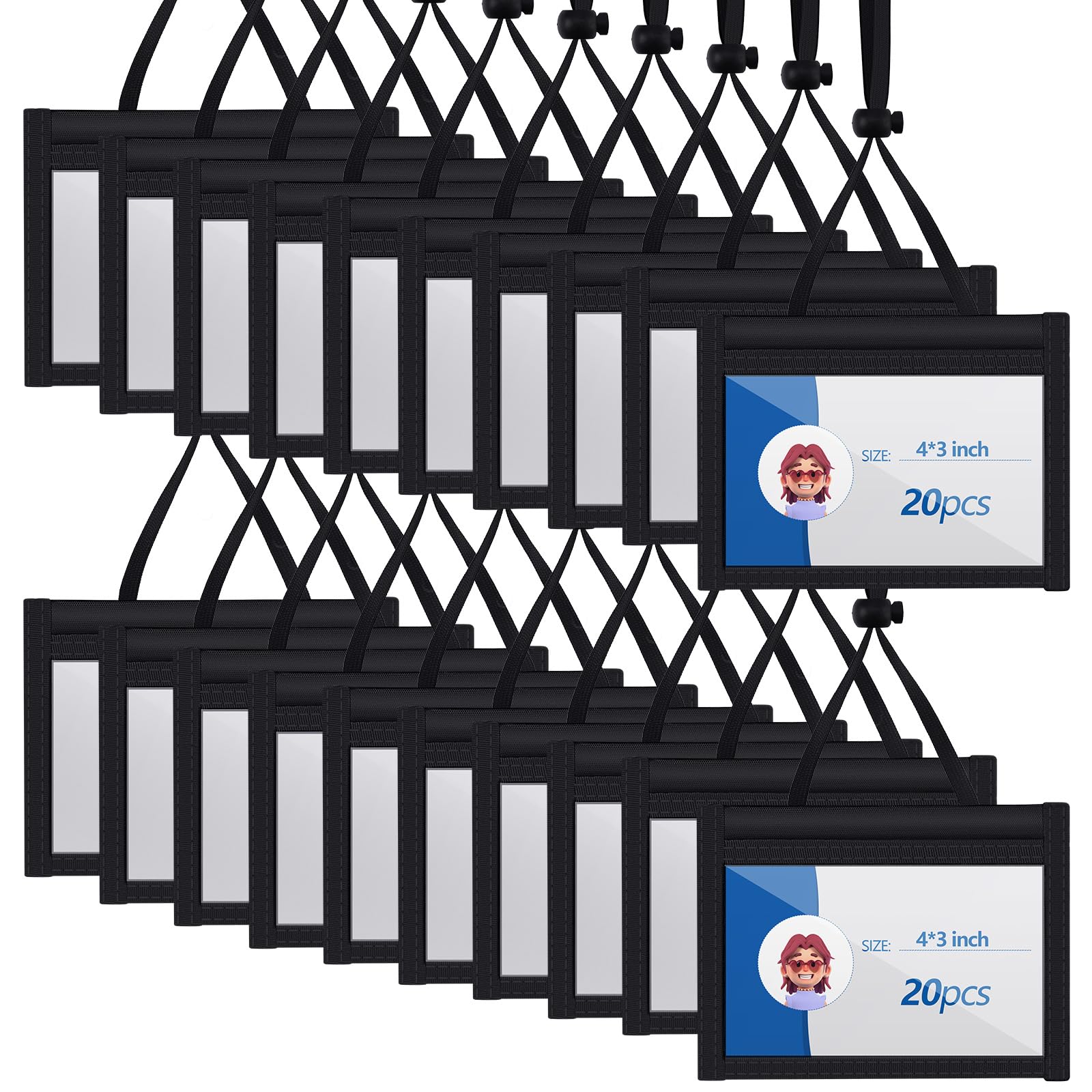 Tenceur 20 Pcs 4 x 3'' Neck Badge Holder with Adjustable Lanyard and Clear Window Polyester Name Badge Organizer with 3 Pockets Horizontal Zipper