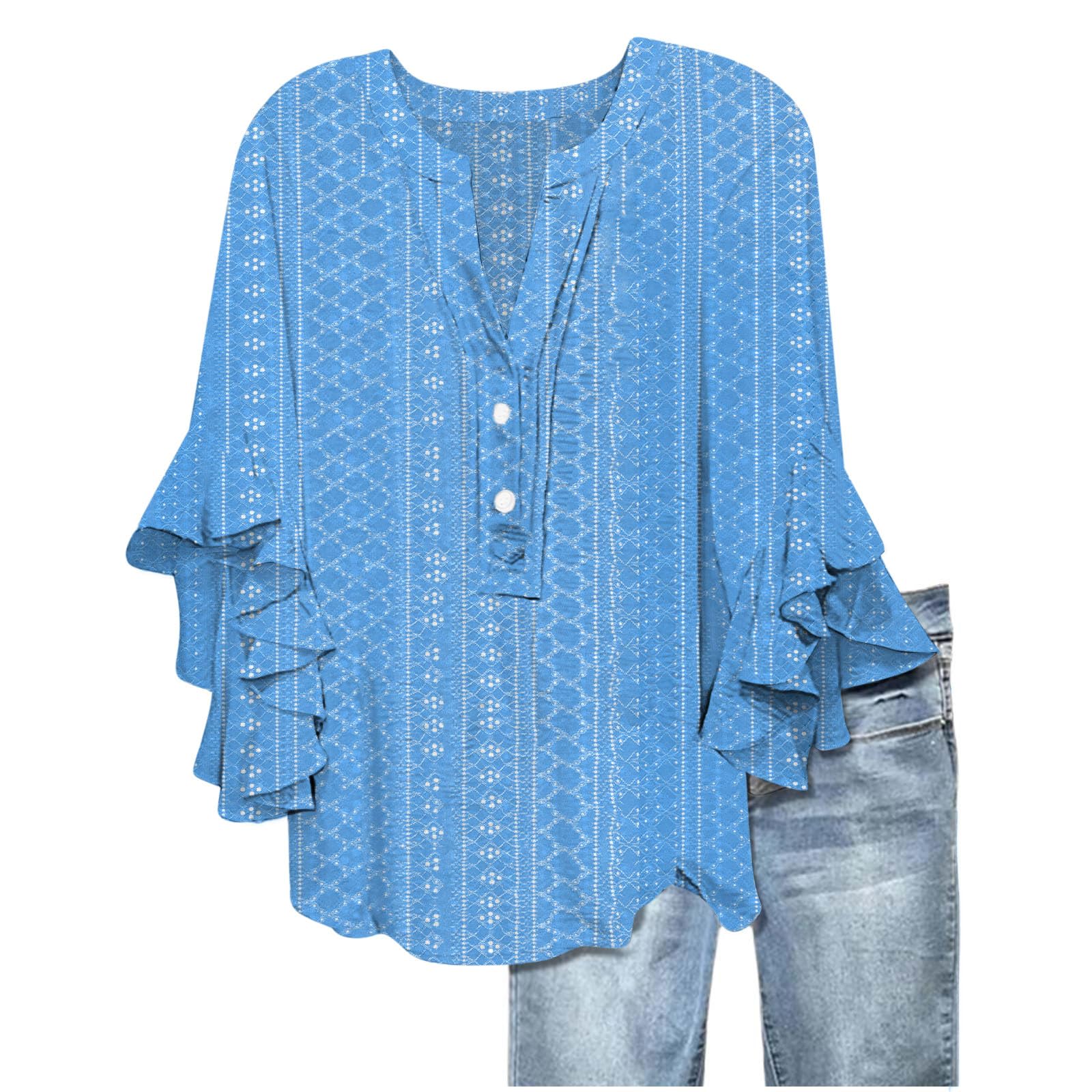 Women's Eyelet Tops V-Neck Ruffle 3/4 Sleeve Blouse Casual Loose Button Up Henley Shirts Boho Flowy Beach Clothes — view 6