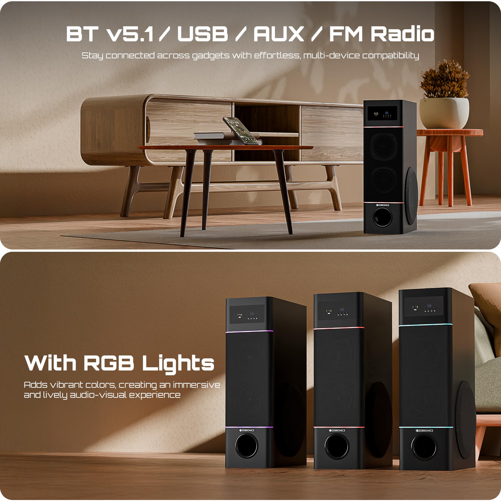 Zebronics Tower Speaker, 50W, 10.16cm Subwoofer Driver, 2X 7.62cm Full Range Drivers, 2-Way Design, Bluetooth v5.1, USB, AUX, Karaoke, 6.3mm Mic Input, RGB (Tono) — Amazon image 4
