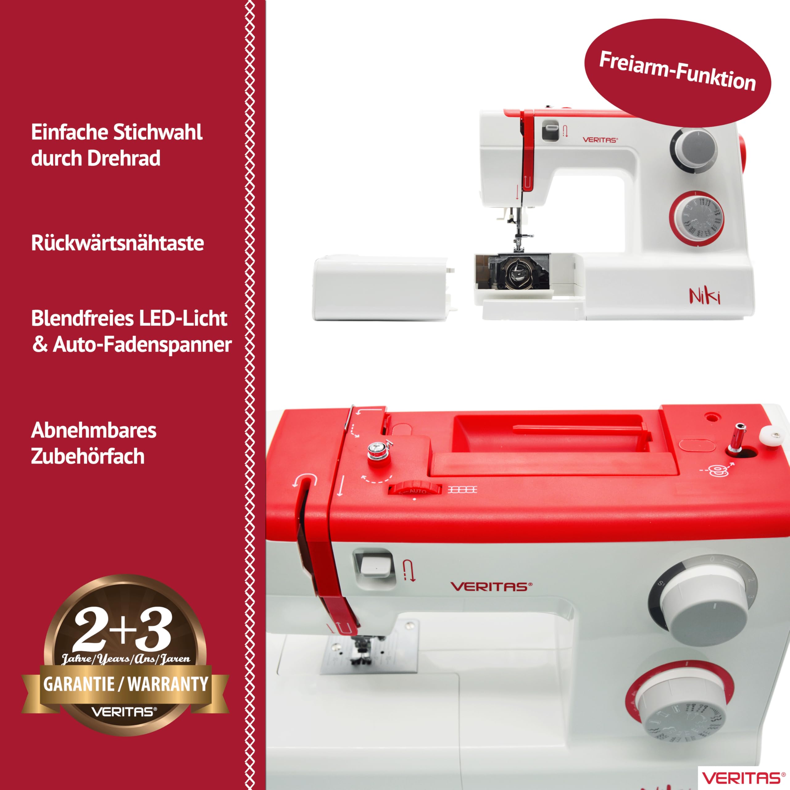 VERITAS Freiarm-Nähmaschine Niki I mit Fußpedal I Einfädelhilfe & Fadenabschneider I 23 Stiche I Einstellbare Stichlänge I LED-Nählicht I Mechanische Nähmaschine für Anfänger (weiß-rot)
