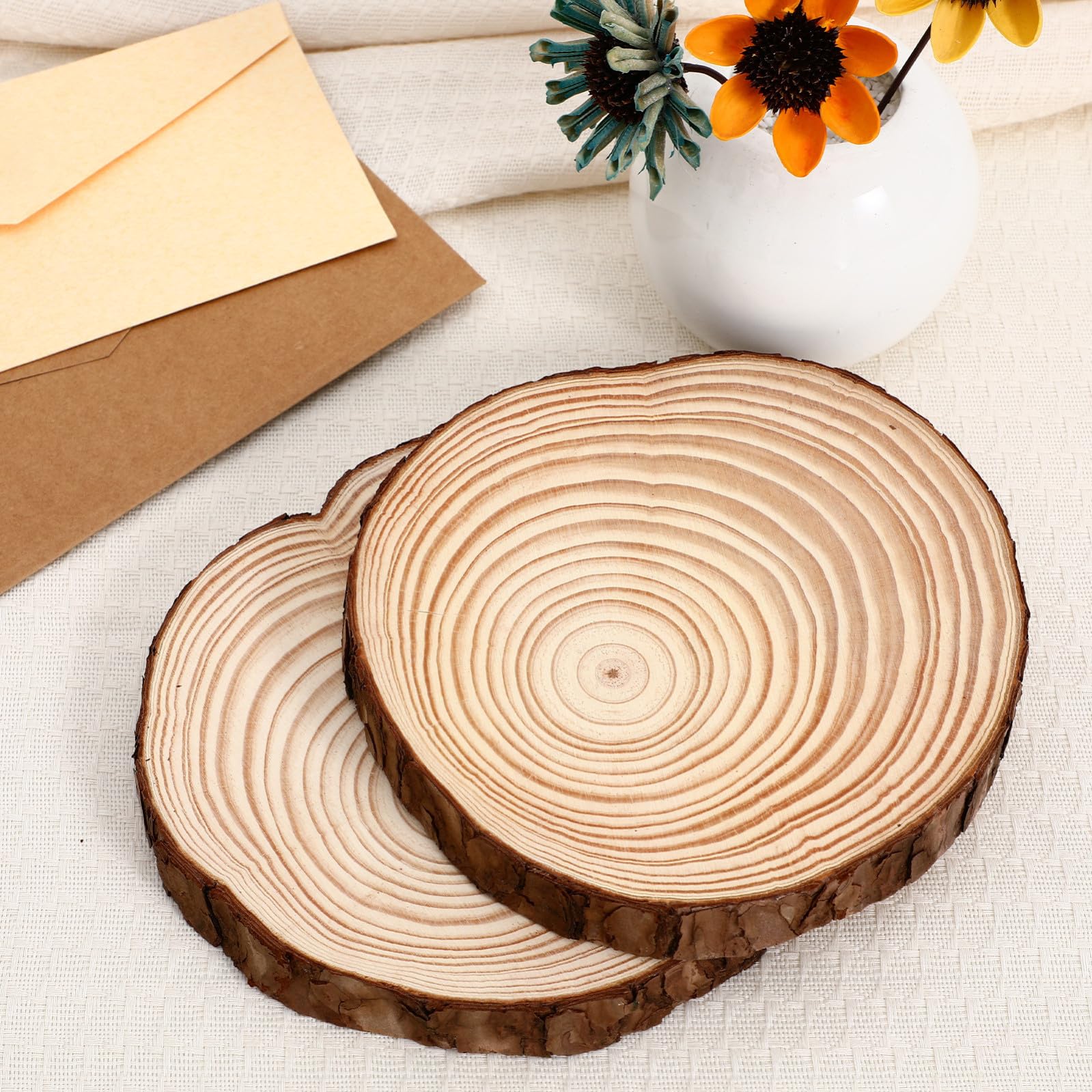VILLCASE Fette di Legno Rotonde e Decorazioni da Appendere 2 Pezzi Non Verniciate con Corteccia Base Versatile per Pittura per Artigianato Rustico Naturale