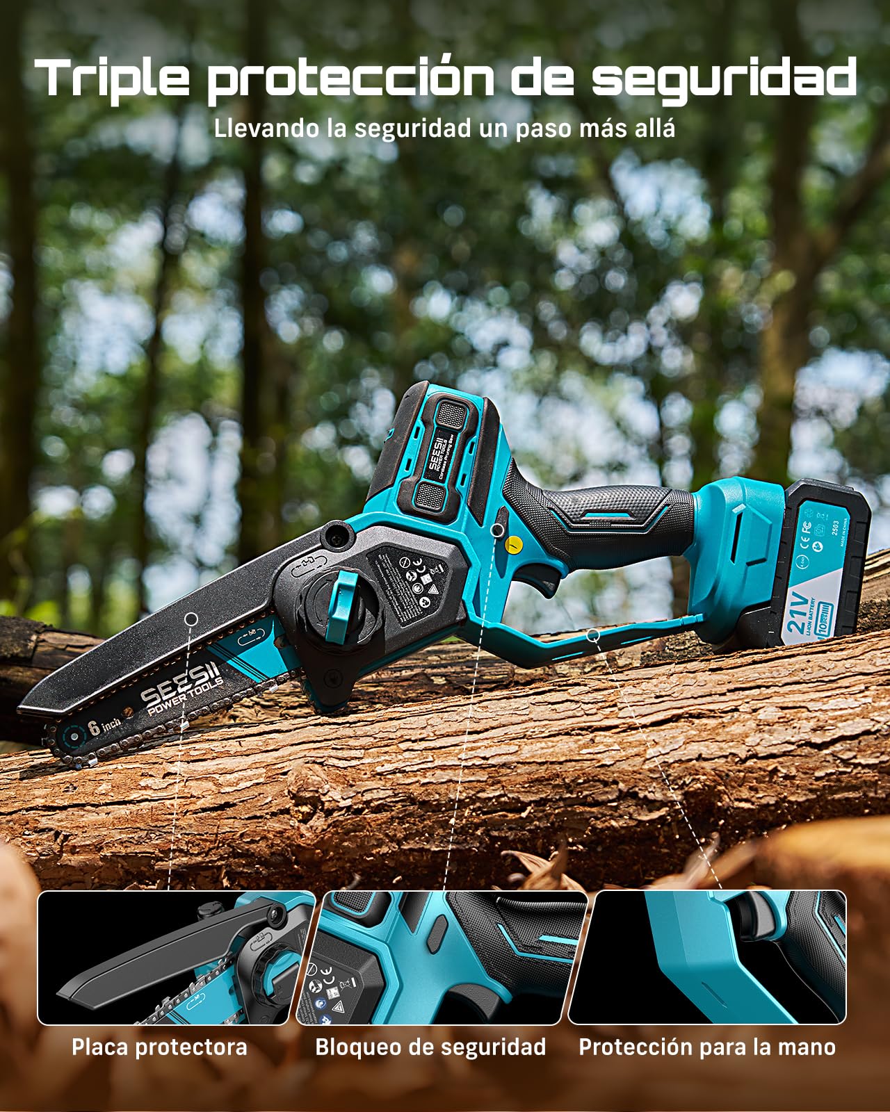 SEESII 6 & 8 Pulgadas Motosierra Bateria, 1000W Brushless, Mini Motosierra con 2*4000mAh Batería, Sierra Eléctrica para Podar con Lubricación Automática, Motosierras Pequeñas Árboles y Cortar Madera