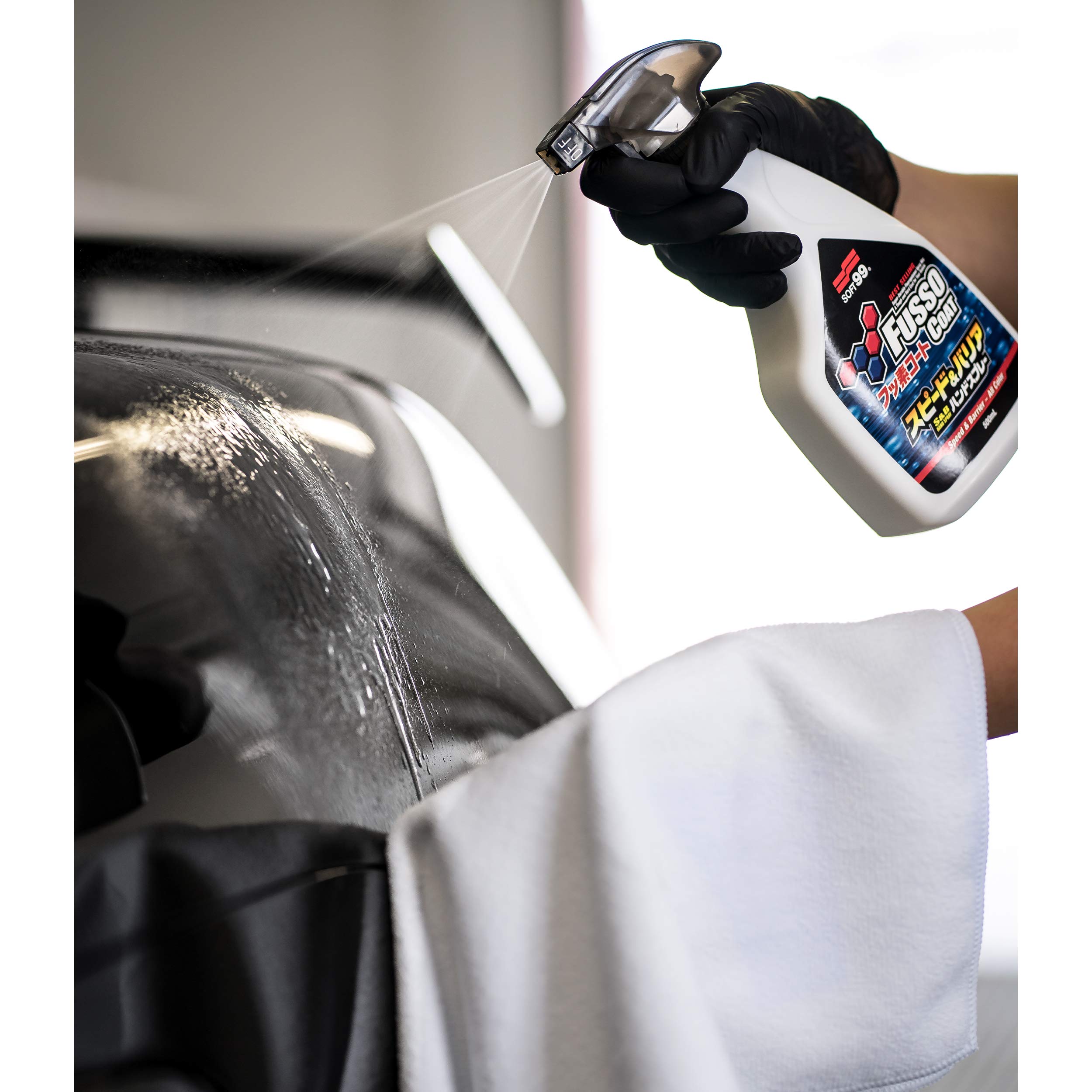 detailmate Soft99 - Set de refuerzo de cera y brillo (Soft 99, New Fusso Coat 12 meses Wax Dark, FussoCoat Speed & Barrier Quick Detailer, esponja aplicadora, paño de pulido y paño de pelo corto)