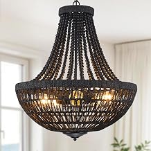 22" Boho Wood Beaded Chandelier Farmhouse Rattan Pendant Light Fixtures Bohemia Large Rattan Chandeliers for Dining Room Living Room Kitchen Island Entryway Foyer, White, 5-Lights