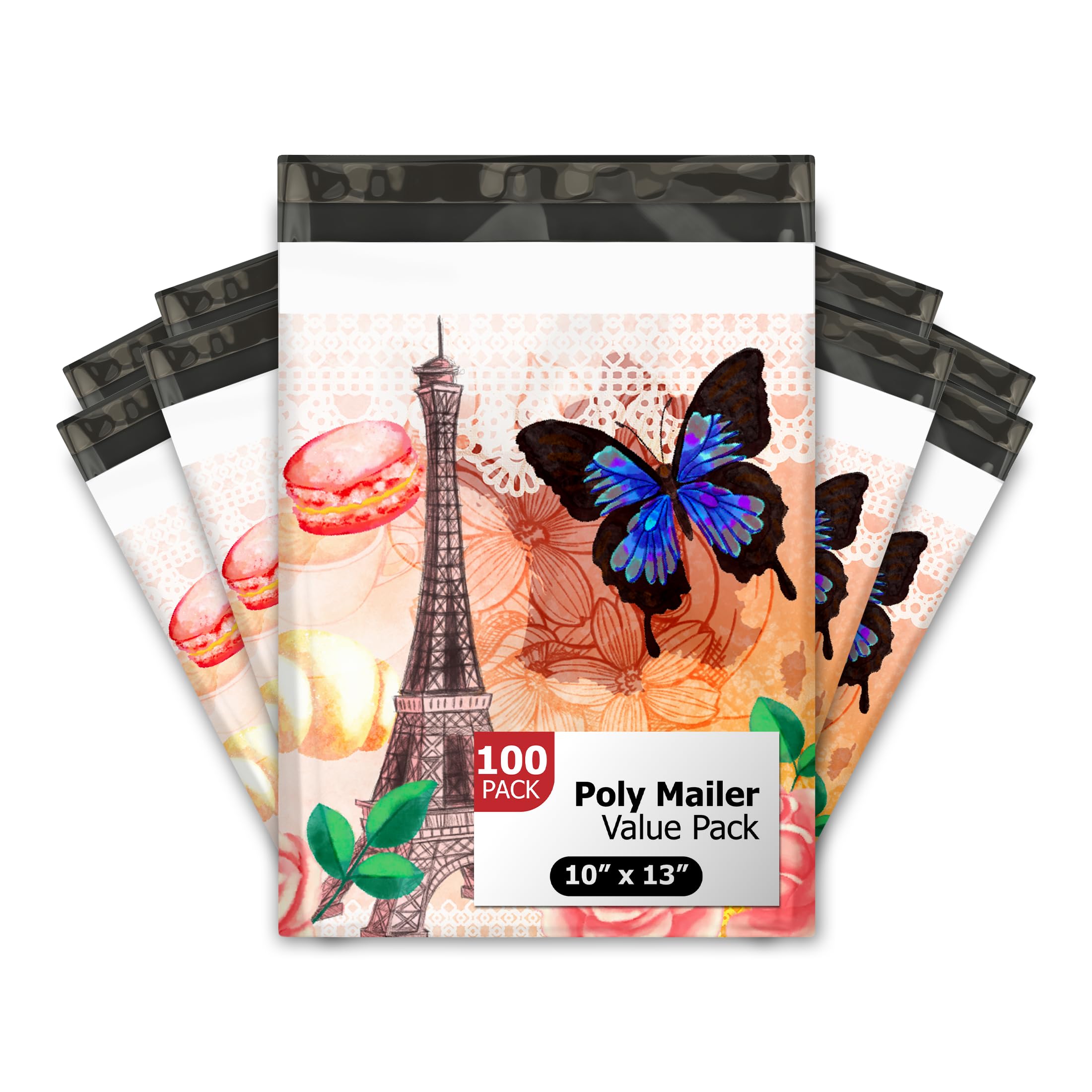 10x13 (100) Paris Valentine's Day Designer Poly Mailers Waterproof Self Sealing Tear Resistant Polymailers Shipping Envelopes Premium Printed Bags For
