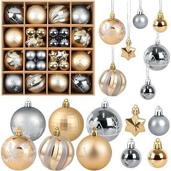 Set of 44 Christmas Baubles Plastic Gold Silver 3/6 cm Christmas Baubles Shatterproof Christmas Tree Baubles Mini Christmas Tree Decoration with Packaging Christmas Tree Decoration for Outdoor Indoor