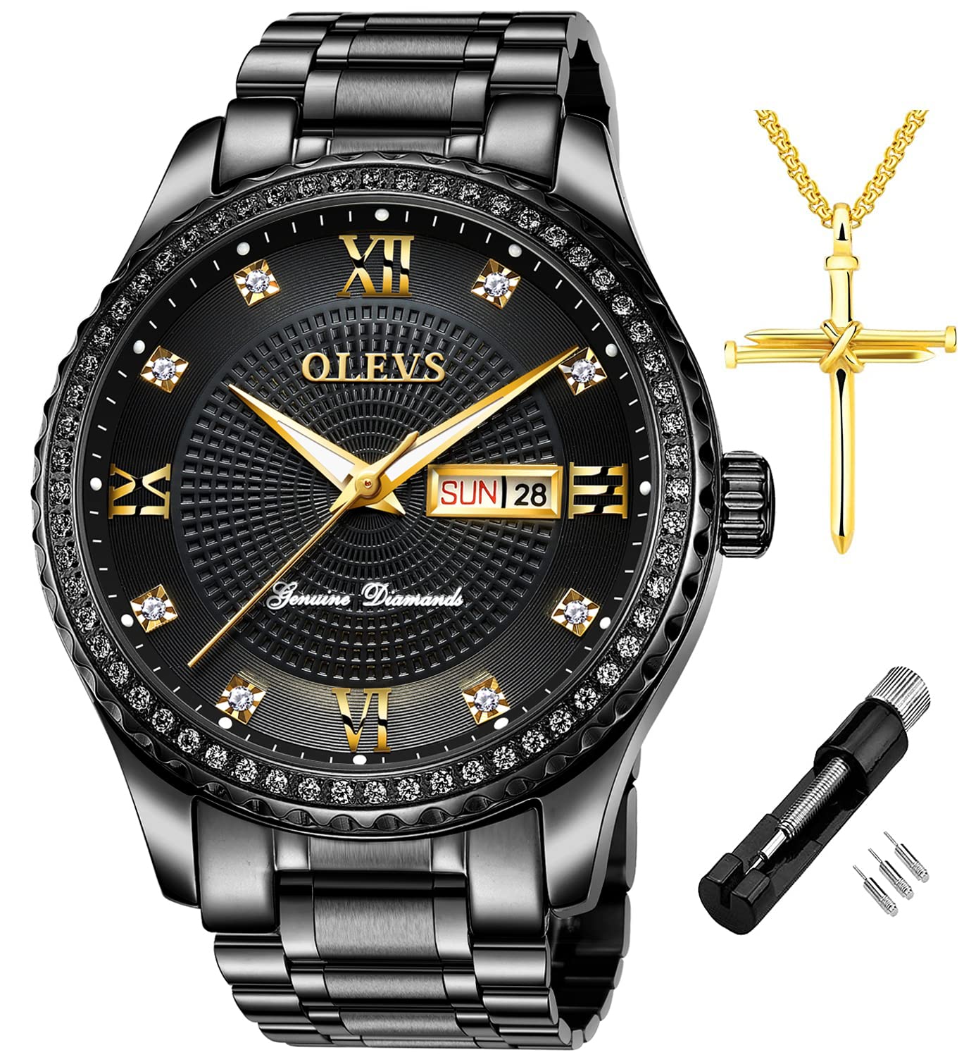 OLEVS Diamond Watches for Men,Business Dress Watch Waterproof Luminous,Male Golden Big Dial Luxury Casual Quartz Analog Watches with Day Date Calendar and Stainless Steel Band