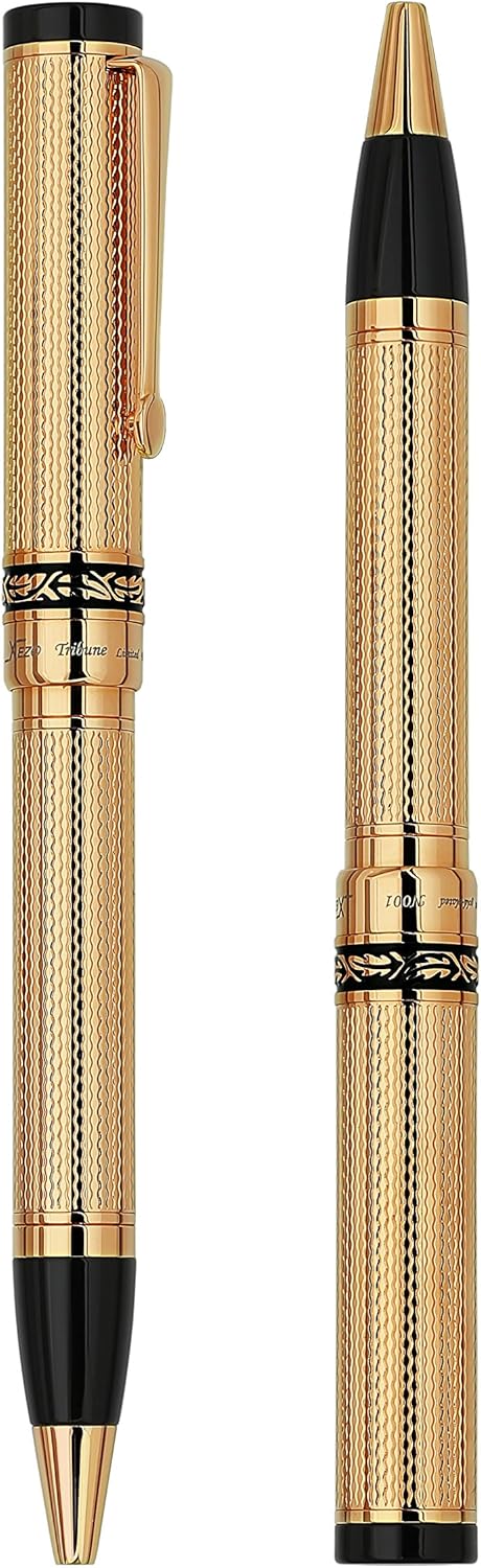 Xezo Tribune Twist Action Ballpoint Pen, Medium Point. Layered 18 Karat Gold Plated Guilloche Brass. Handcrafted, Limited Edition, Serialized