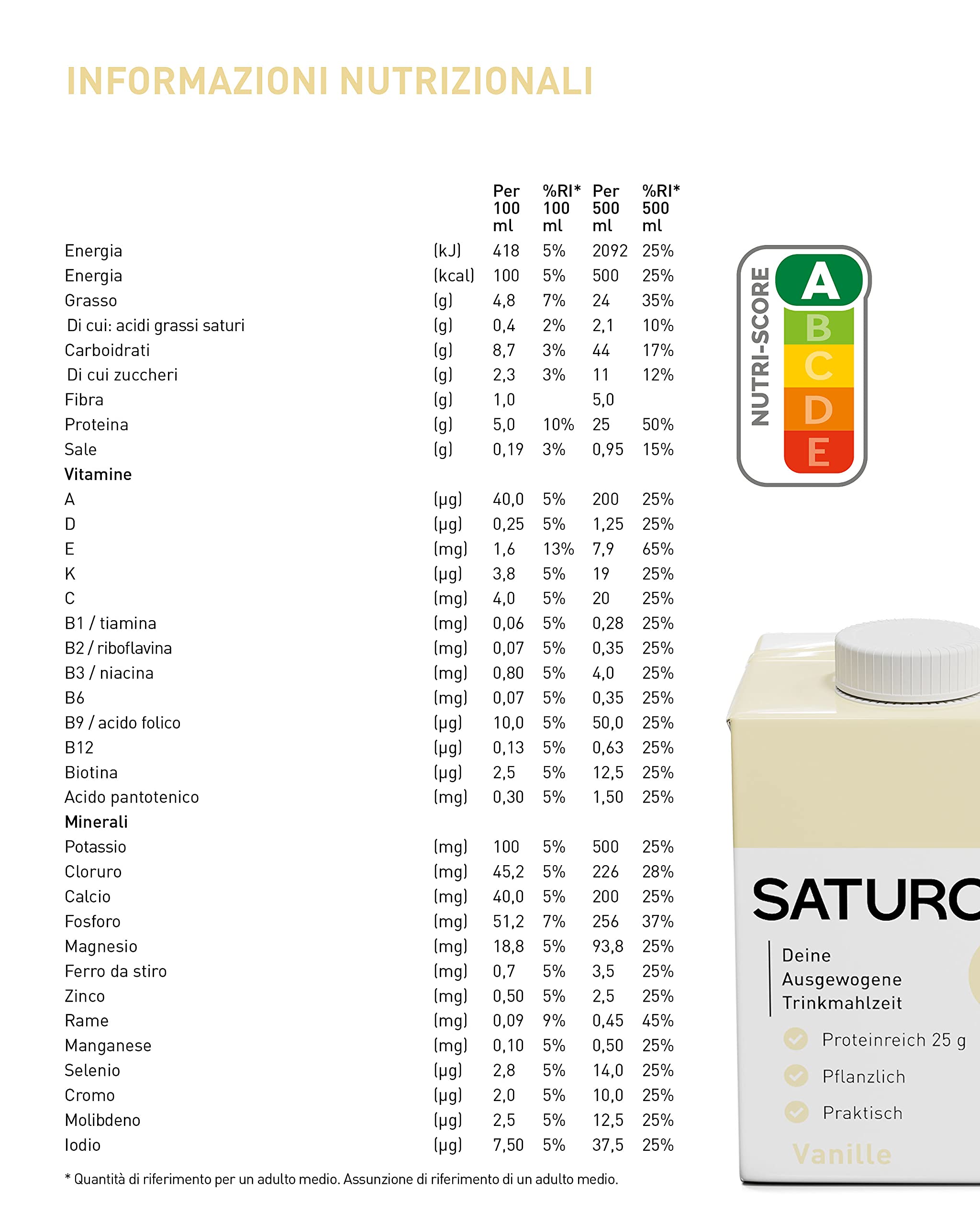 Saturo Pasto Sostitutivo Frullato Gusto Vanilla | 36 g di proteine & senza zucchero | 400 kcal | Vegano | Pasto Bevibile con Nutrienti Essenziali | Vaniglia | 12 x 400 ml