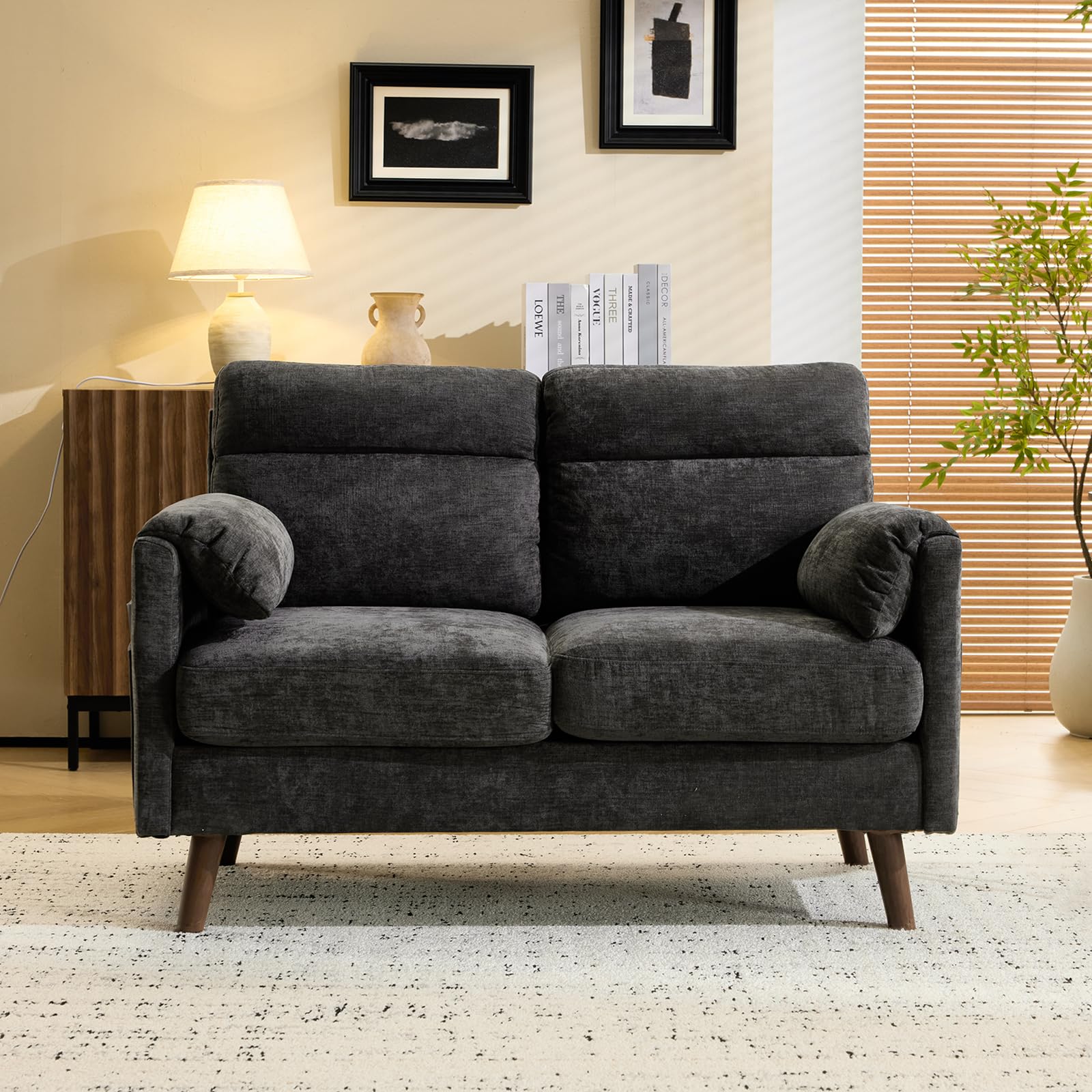 Bonnlo Sofa 2 Sitzer klein, 125cm Couch mini, Kleine Stoffcouch mit weichen Armlehnen, Kleines Sofa für Büro, Wohnzimmer, Schlafzimmer und Arbeitszimmer,Einfache Montage, Leinen (Dunkelgrau)