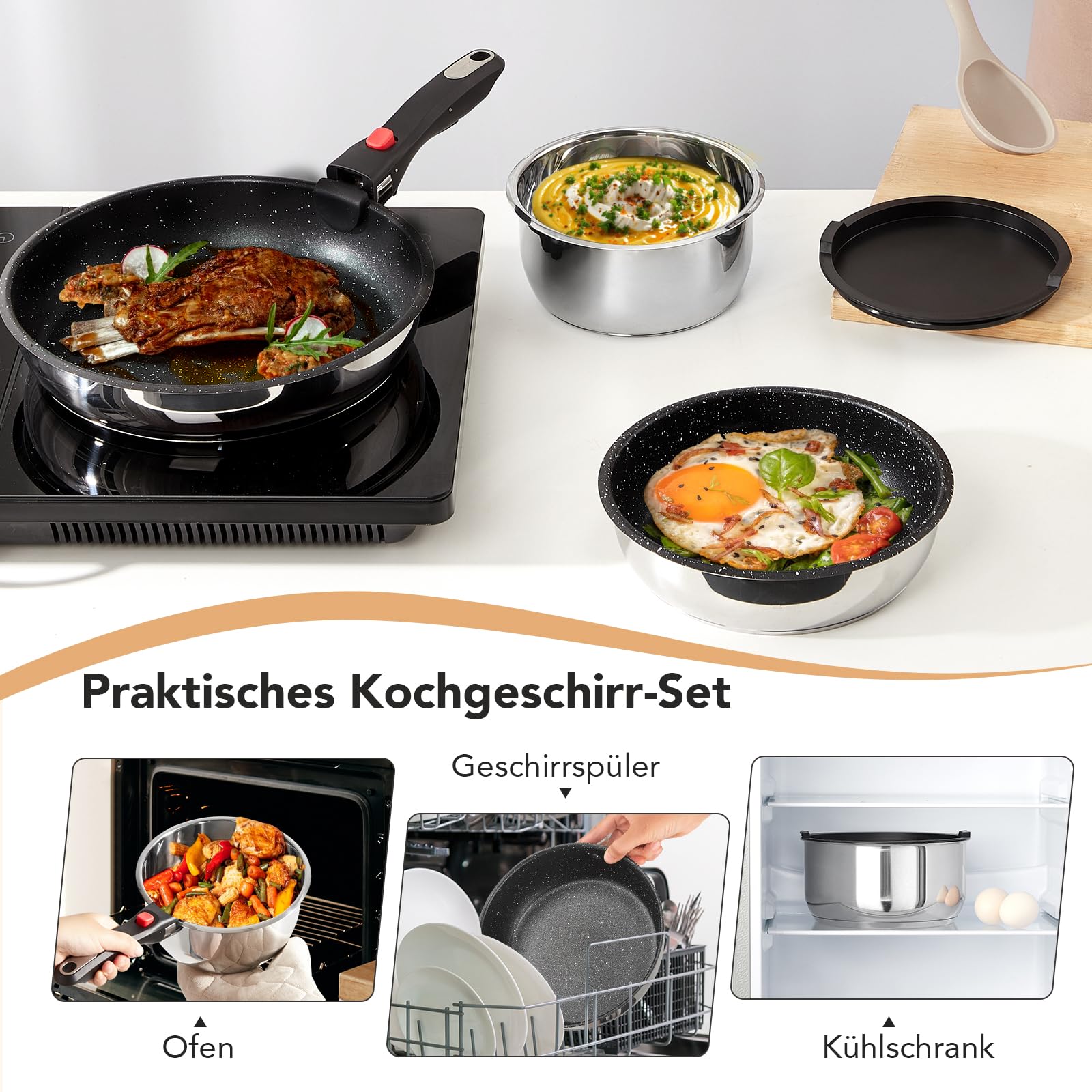 ROSSETTO Topfset Pfannenset Induktion 7-teilige Edelstahl Kochtopf Set mit Abnehmbarer Griff Stapelbar, PFAS-Frei Antihaftbeschichtet Pfanne 20/26cm, Kasserolle 16/20cm, für alle Herdarten, Ofenfest