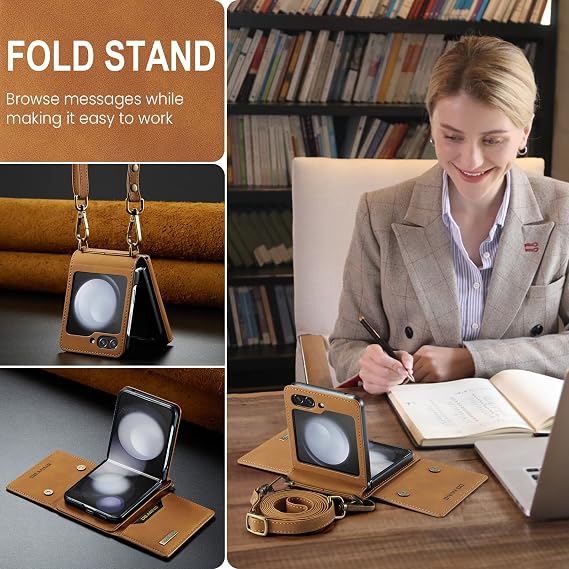 Samsung Galaxy Z Flip 5 Case, Trifold Leather Wallet Phone Case with Shoulder Strap & Card Holder Leather Pocket Phone Case Brown