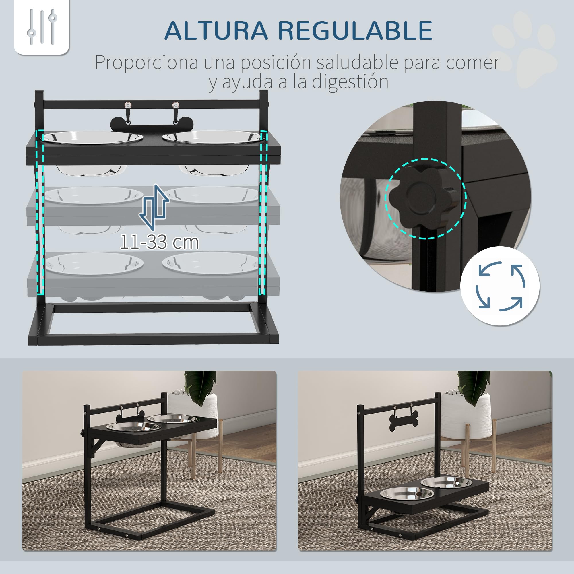 PawHut Comedero Elevado para Perros Cuenco para Perros con 2 Tazones de Acero Inoxidable Altura Ajustable y 1 Placa de Metal en Forma de Hueso 40,5x22x39 cm Negro