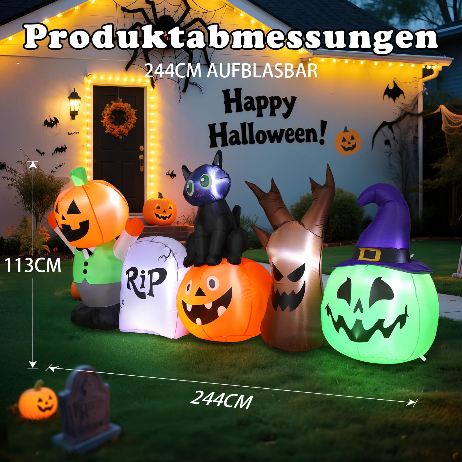 250CM Lange Halloween Aufblasbare Dekoration mit Integrierten LED, Schwarz Katze Grabstein Kürbis Deko Aufblasbare Gartendekoration Halloween Decoration für Outdoor Rasen Garten Veranda Party