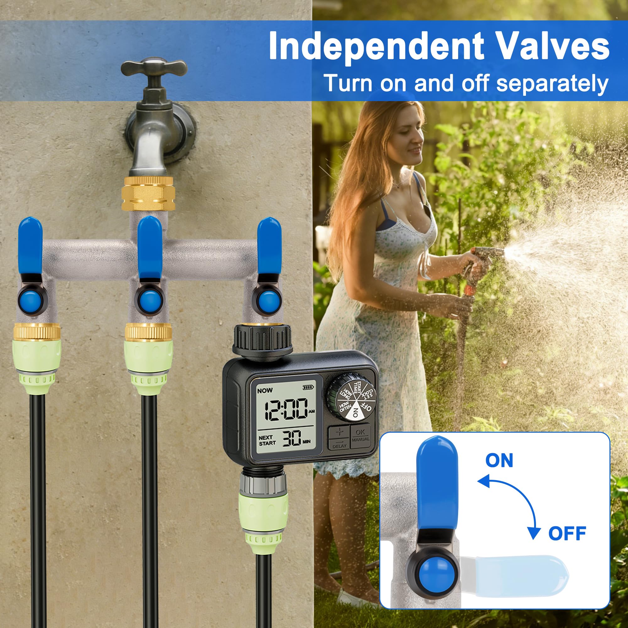Distributore d'acqua a 3 vie, distributore d'acqua a 3 vie, distributore d'acqua da giardino con tre maniglie di prolunga blu in acciaio inox 304, adattatore da 3/4" per casa, cortile, lavatrice