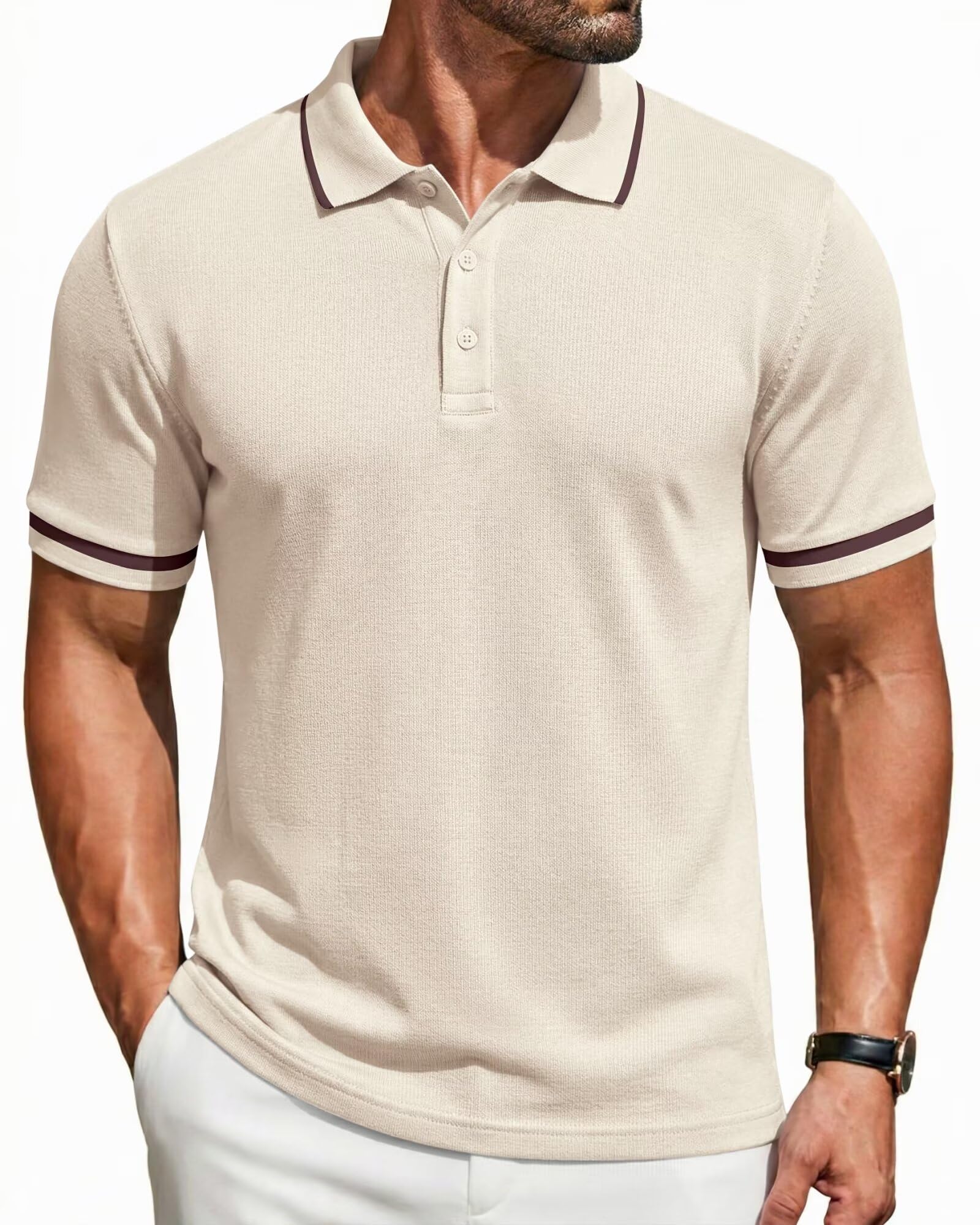 Elainone Herren Poloshirt Kurzarm Baumwollmix mit Kontrastkragen | Feines Strukturgewebe, Atmungsaktiv, Elastisch, Weich, Pflegeleicht, ideal für Golf Business und Freizeit