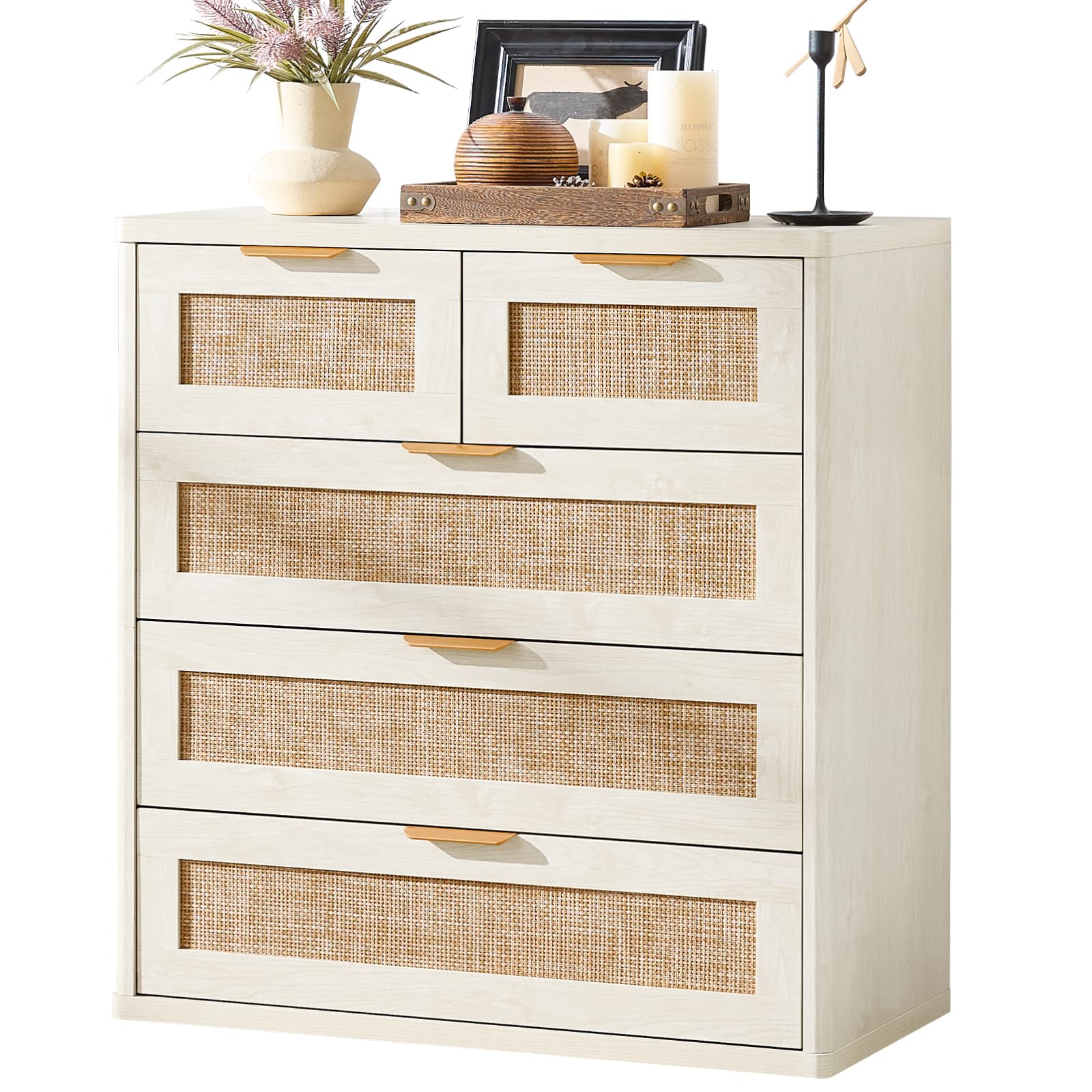 LEYAOYAO Boho 5 Drawers Rattan Dresser