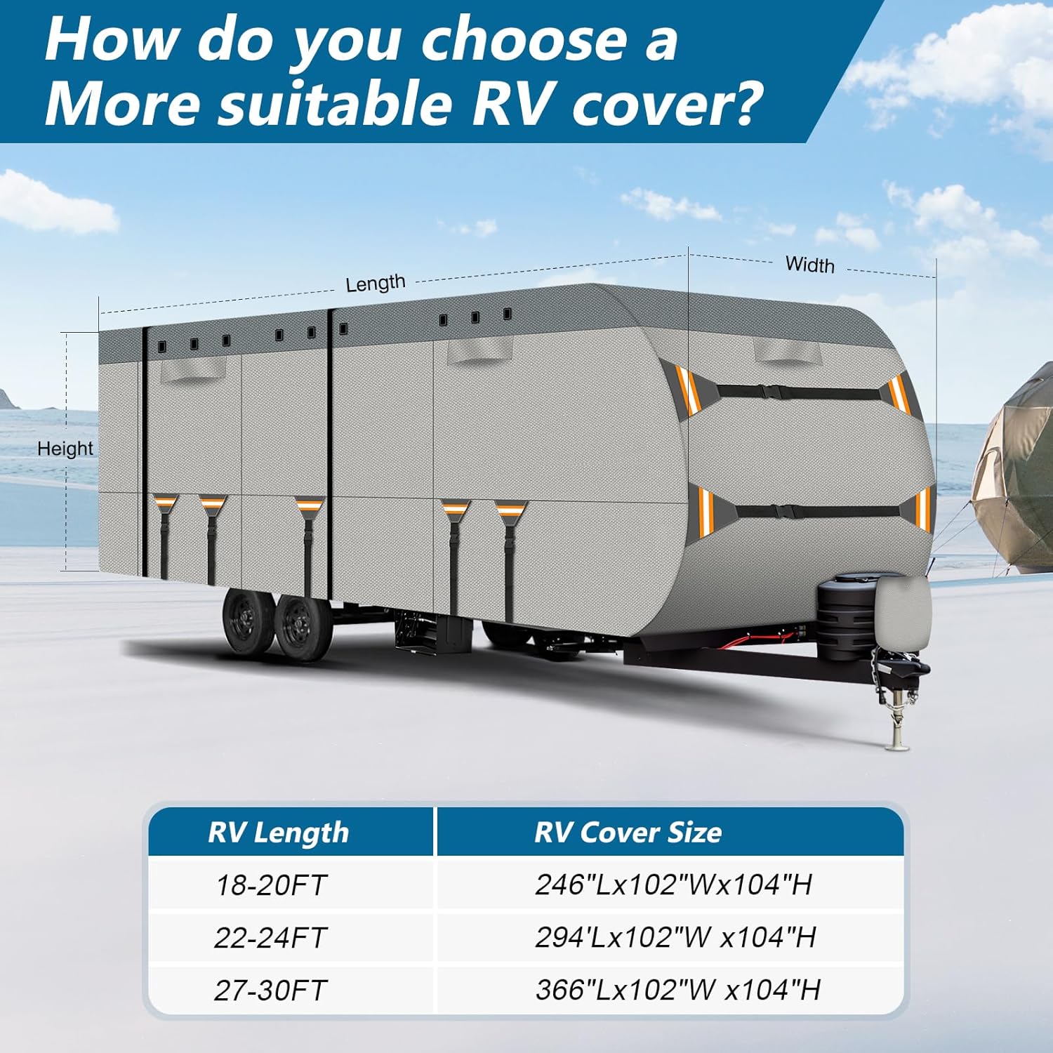 Travel Trailers RV Cover for 22-24 ft, 420D Duty Oxford PU Waterproof UV Proof Protection RV Cover with Side Zipper Windproof Straps, Vents & Travel Trailer Camper Cover Accessories