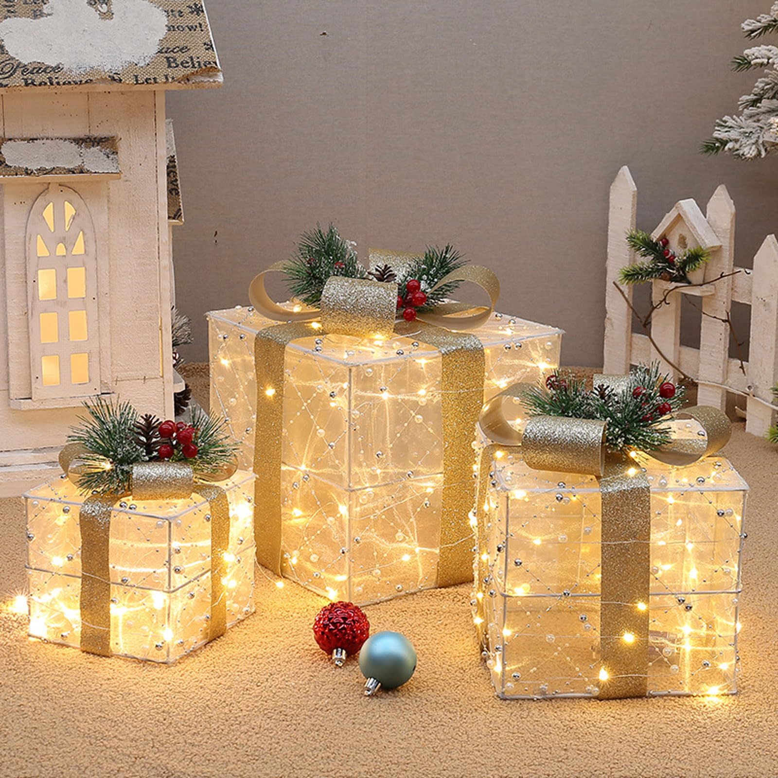 Juego de 3 Cajas de Regalo Iluminadas de Navidad,Decoración de Caja de Nochebuena,Iluminaciones de Navidad,Blanco Cálido Decorado con un lazo,agujas de pino y frutos rojos,para Hogar Jardín Fiesta