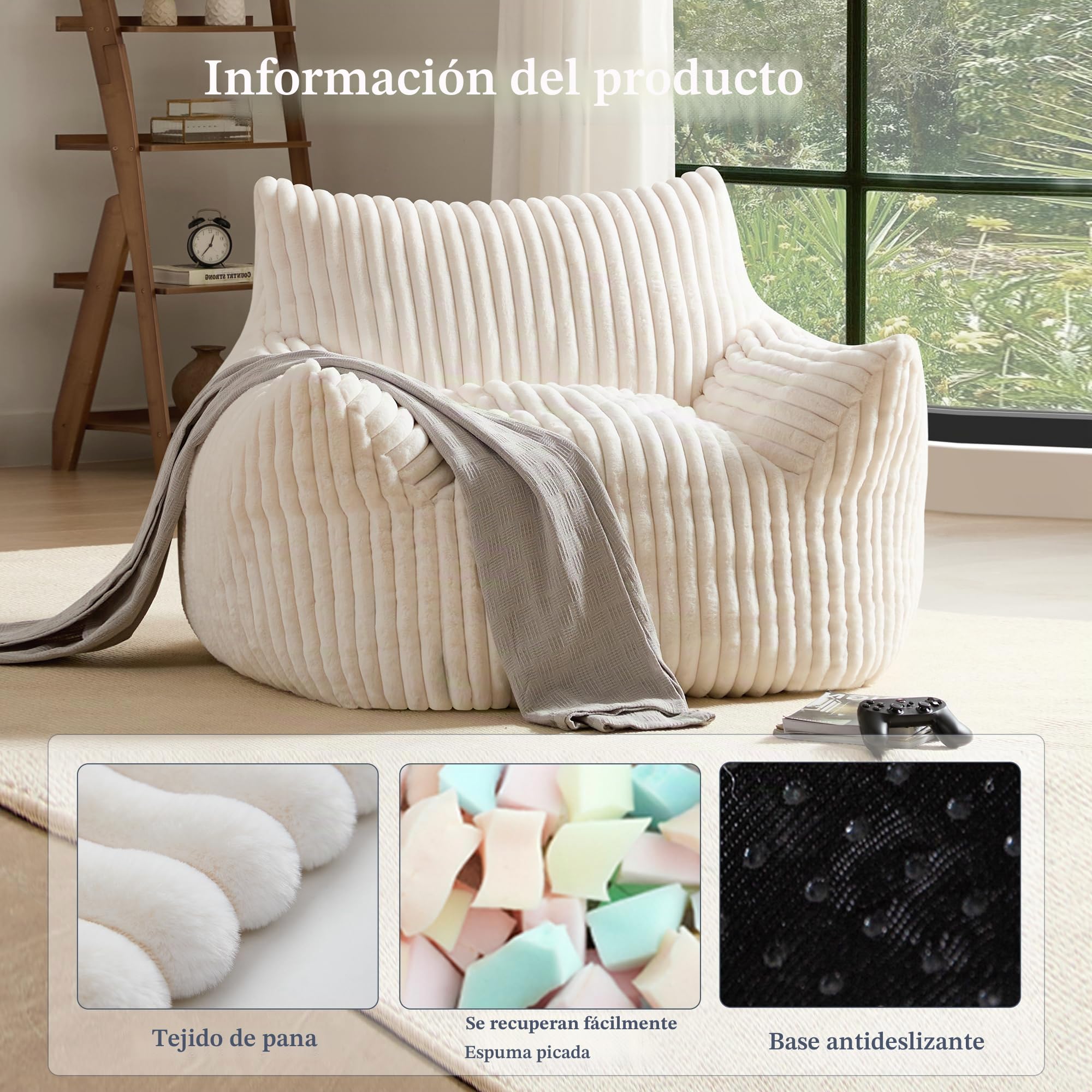 Puf gigante de felpa para adultos con reposabrazos, cómodo puf beige de gran tamaño para sala de estar, dormitorio y dormitorio, mini sofá acogedor y esponjoso de nube individual