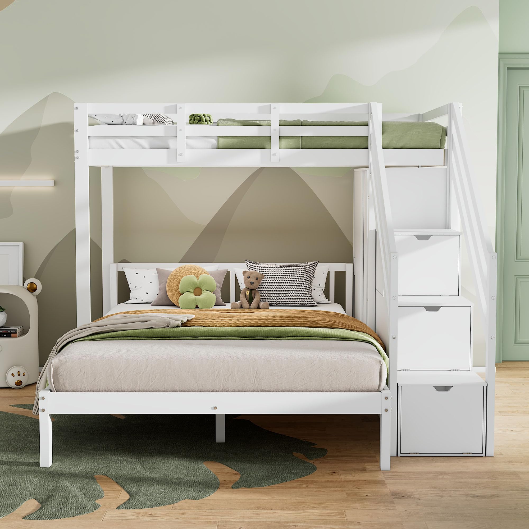 Letto a castello con guardaroba, letto a castello per bambini, 90 x 200 cm + 140 x 200 cm, multifunzione, con scaletta, grande spazio di archiviazione, senza materasso, bianco